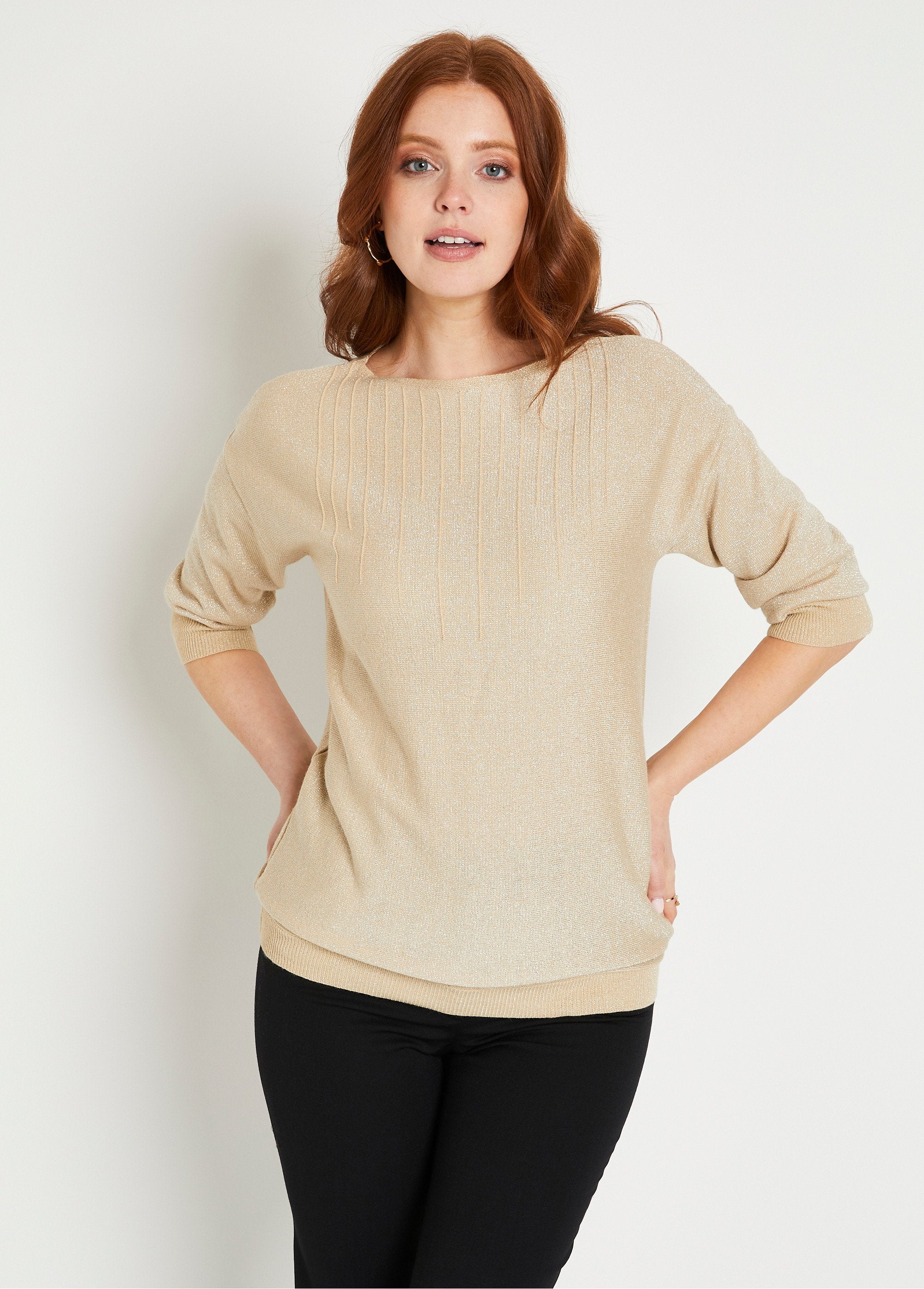 Pull_mi-long_uni_brillant_manches_3/4_col_bateau_Beige_irise_FA1_slim