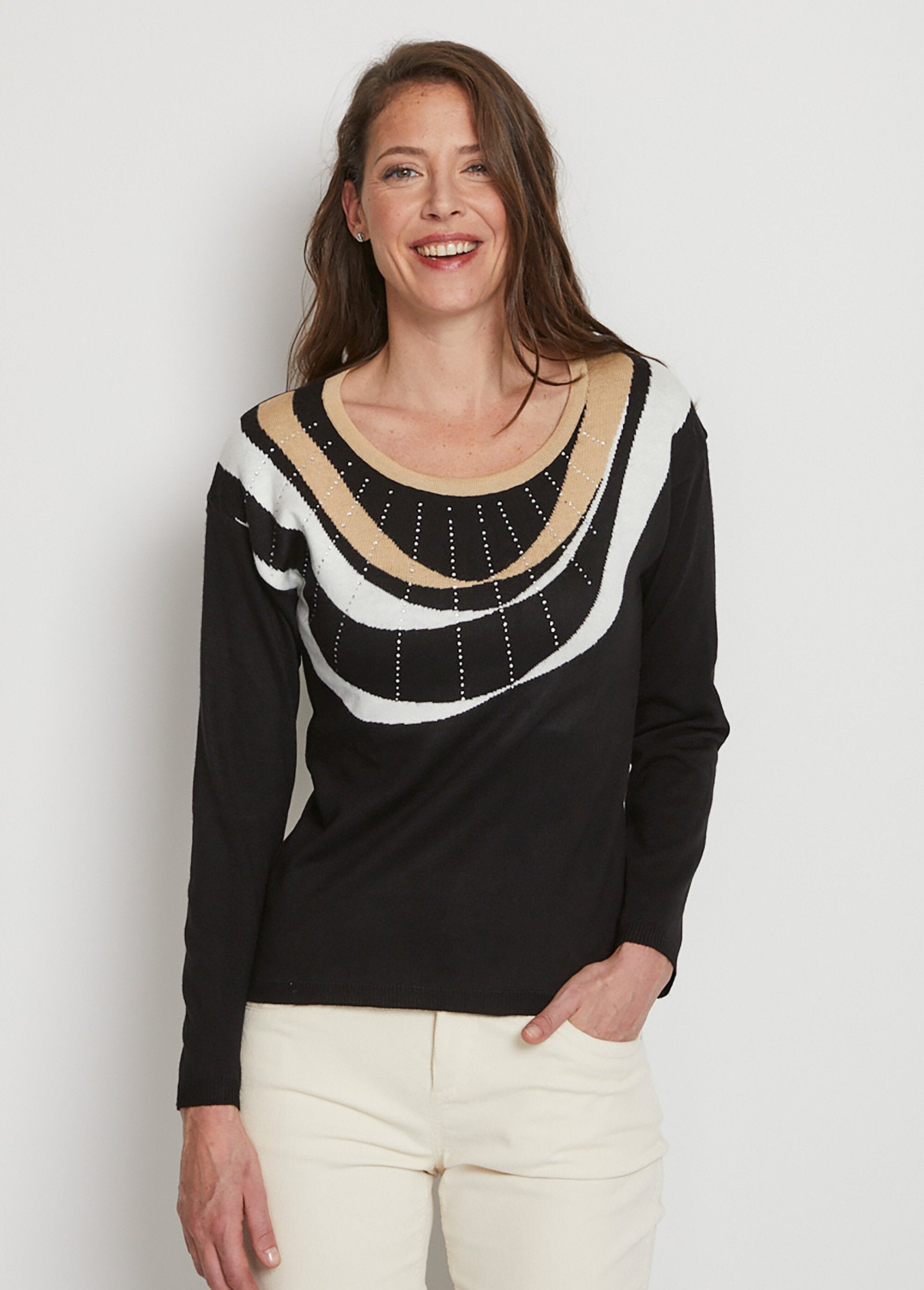 Pull_court_jacquard_strassé_col_rond_Noir_et_beige_FA1_slim