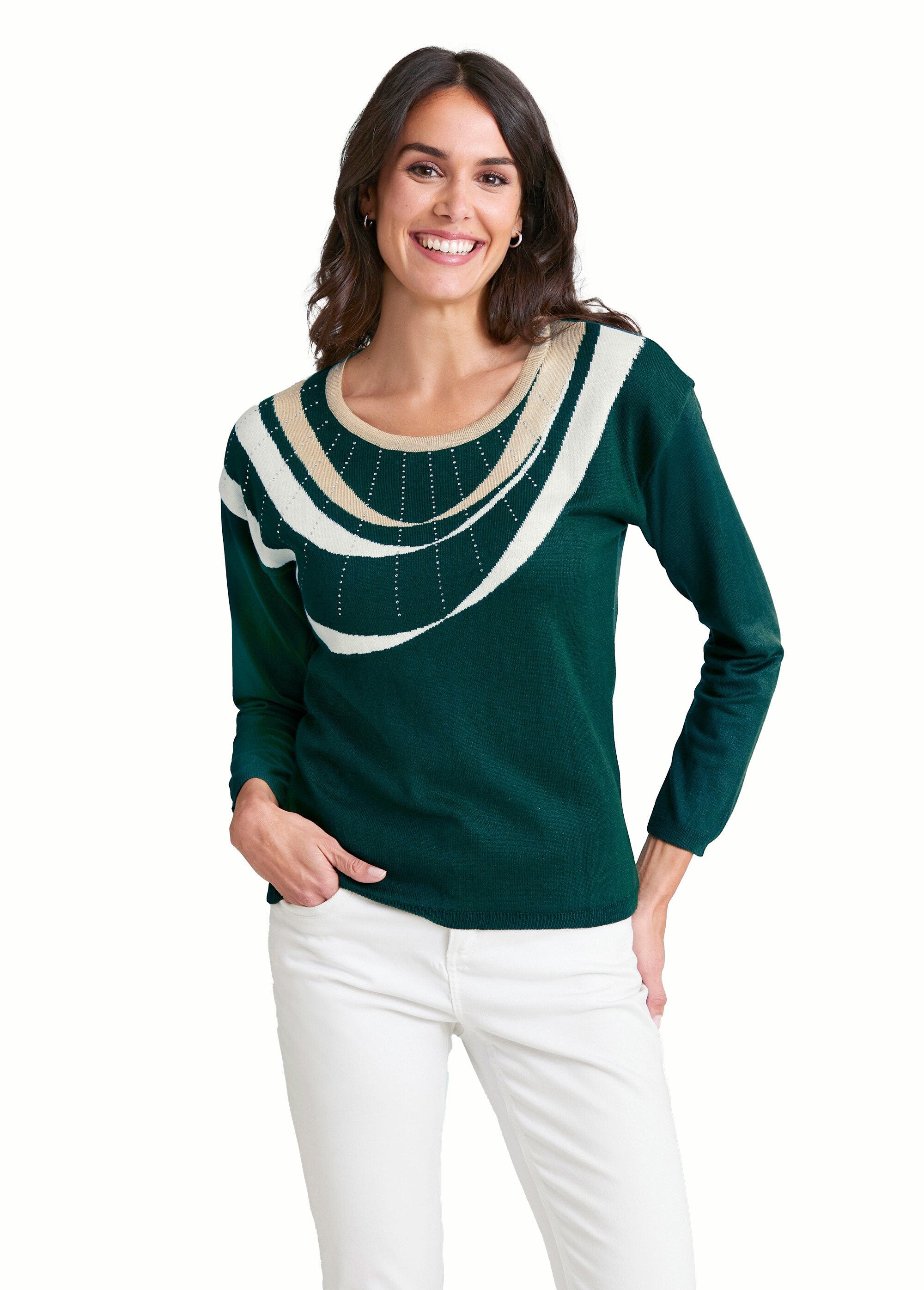 Pull_court_jacquard_strassé_col_rond_Vert_et_beige_FA1_slim