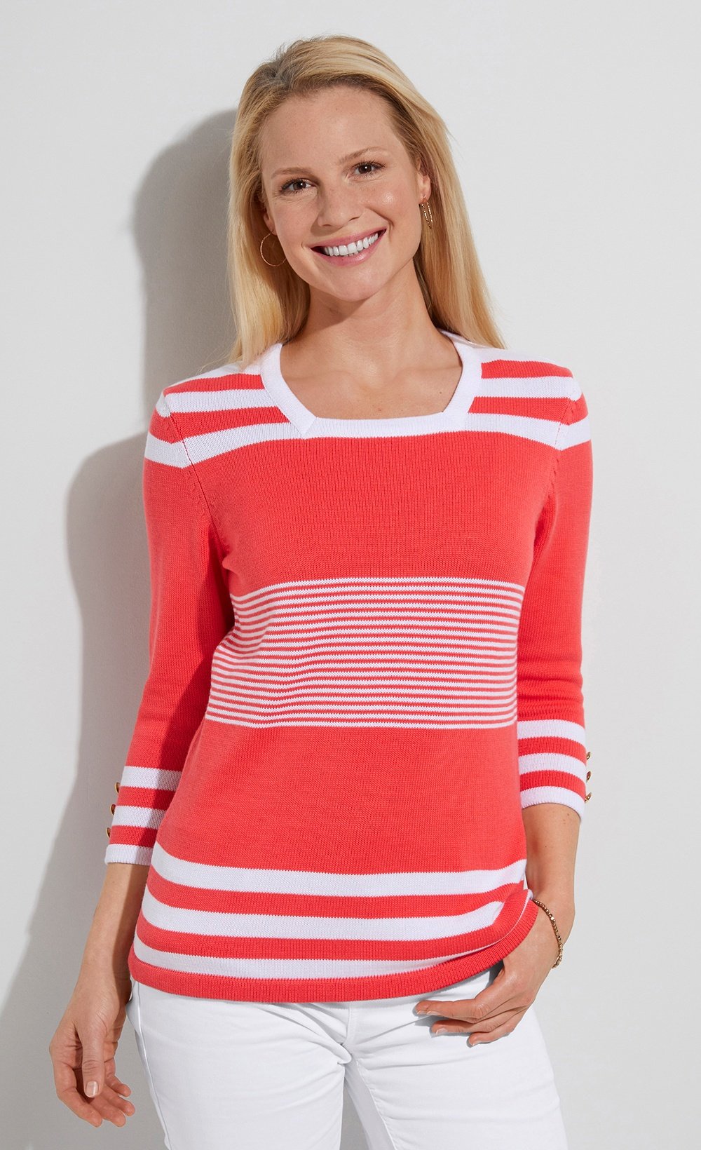 Pull_rayé_manches_3/4_coton_Corail_et_blanc_FA1_slim