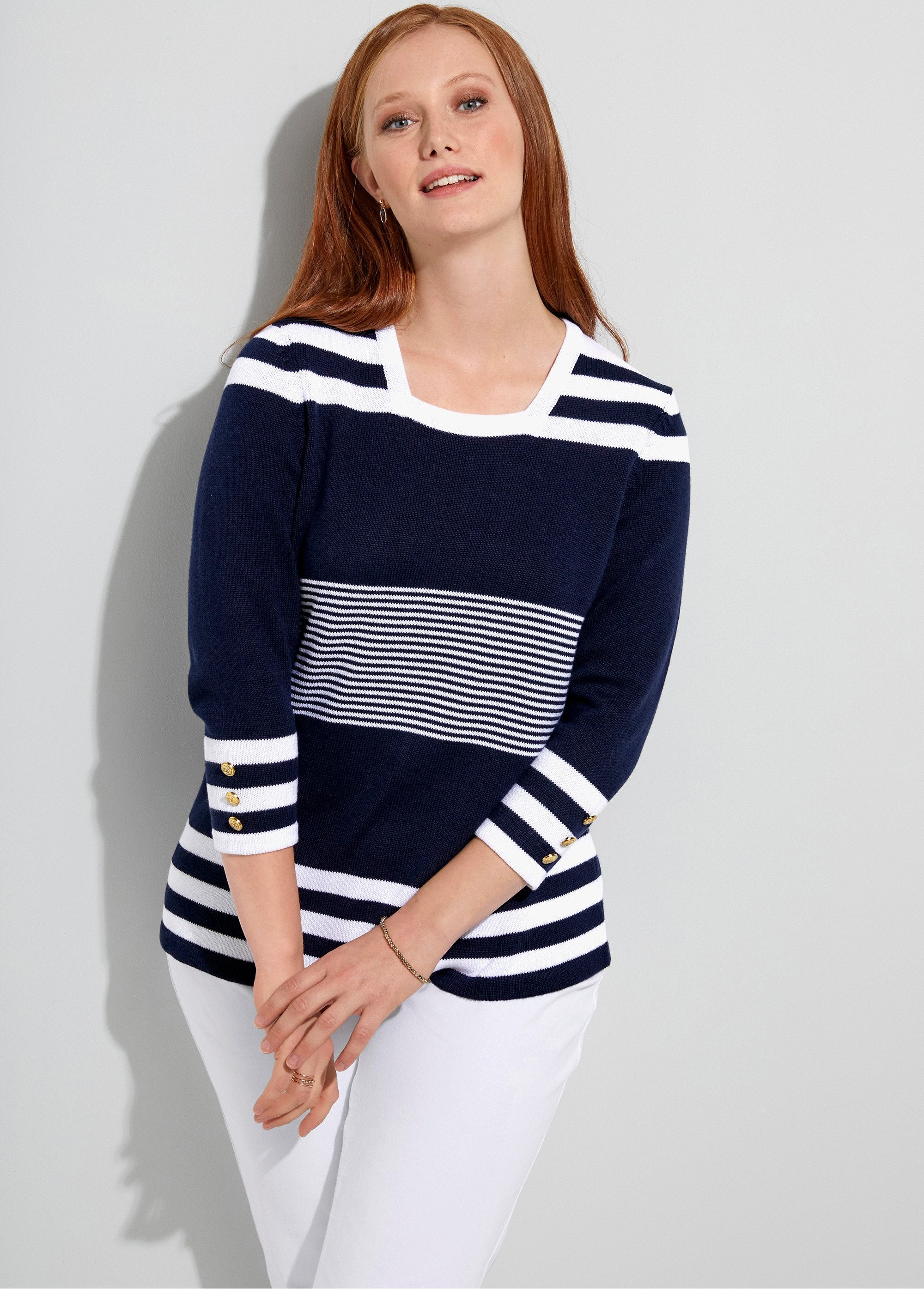 Pull_rayé_manches_3/4_coton_Marine_et_blanc_FA1_curvy