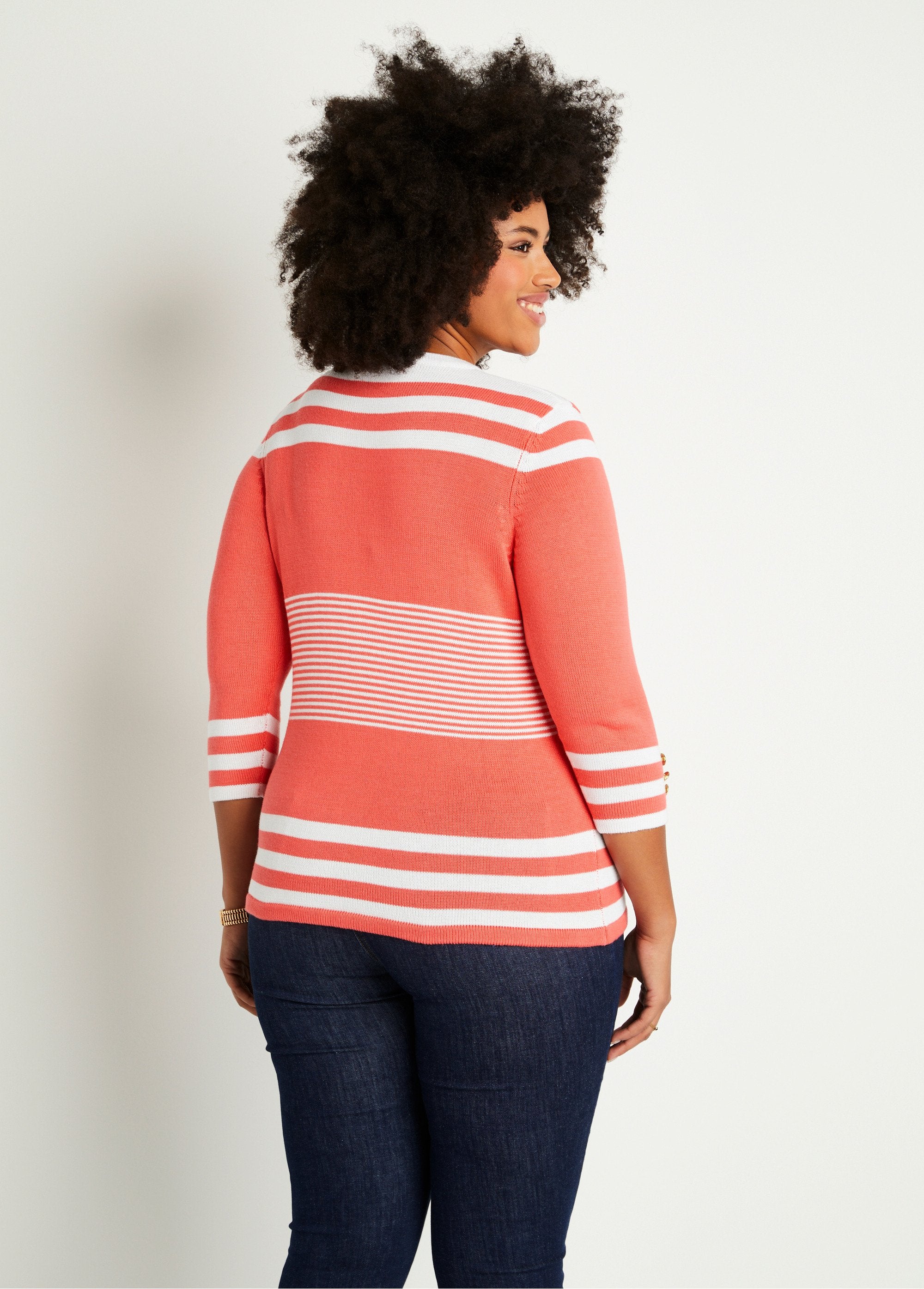 Pull_rayé_manches_3/4_coton_Corail_et_blanc_DO1_curvy