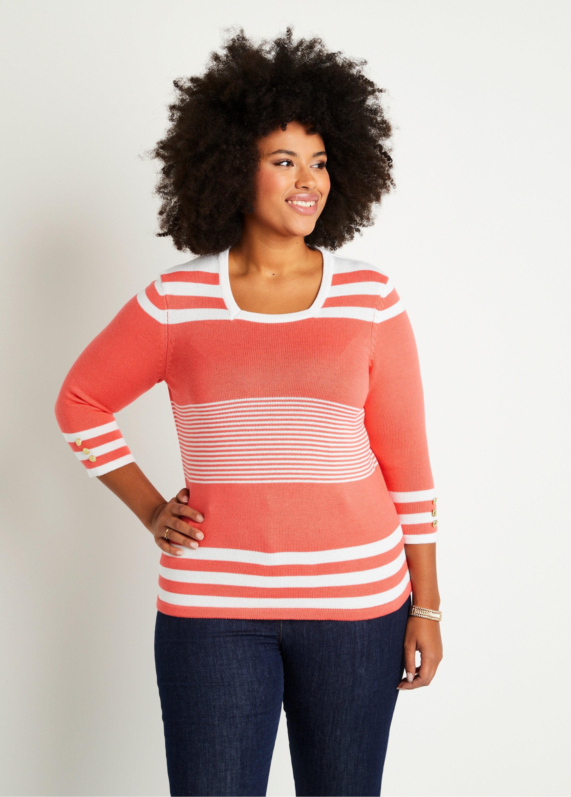 Striped_cotton_3/4_sleeve_sweater_Coral_and_white_FA1_curvy