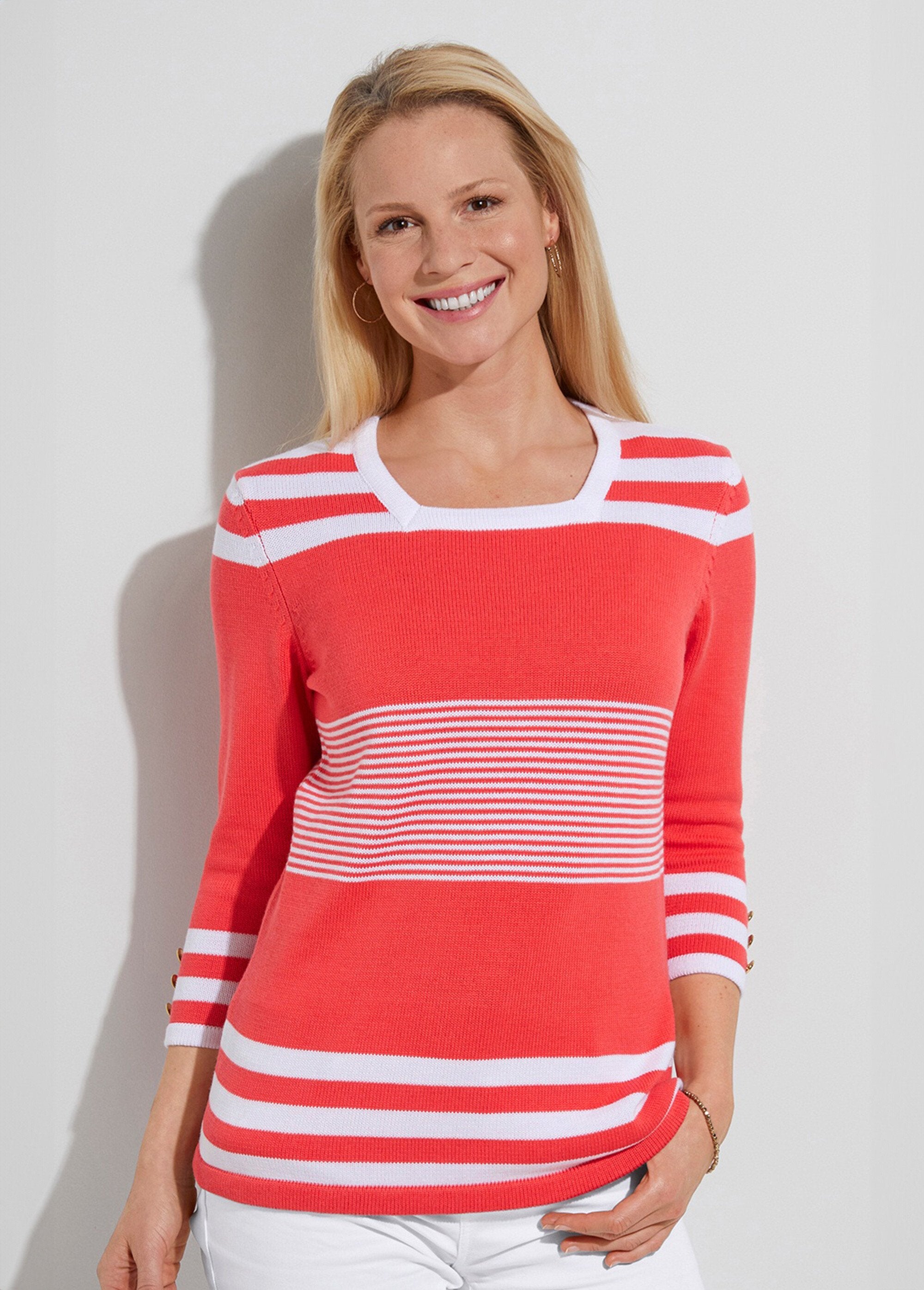 Pull_rayé_manches_3/4_coton_Corail_et_blanc_FA1_slim