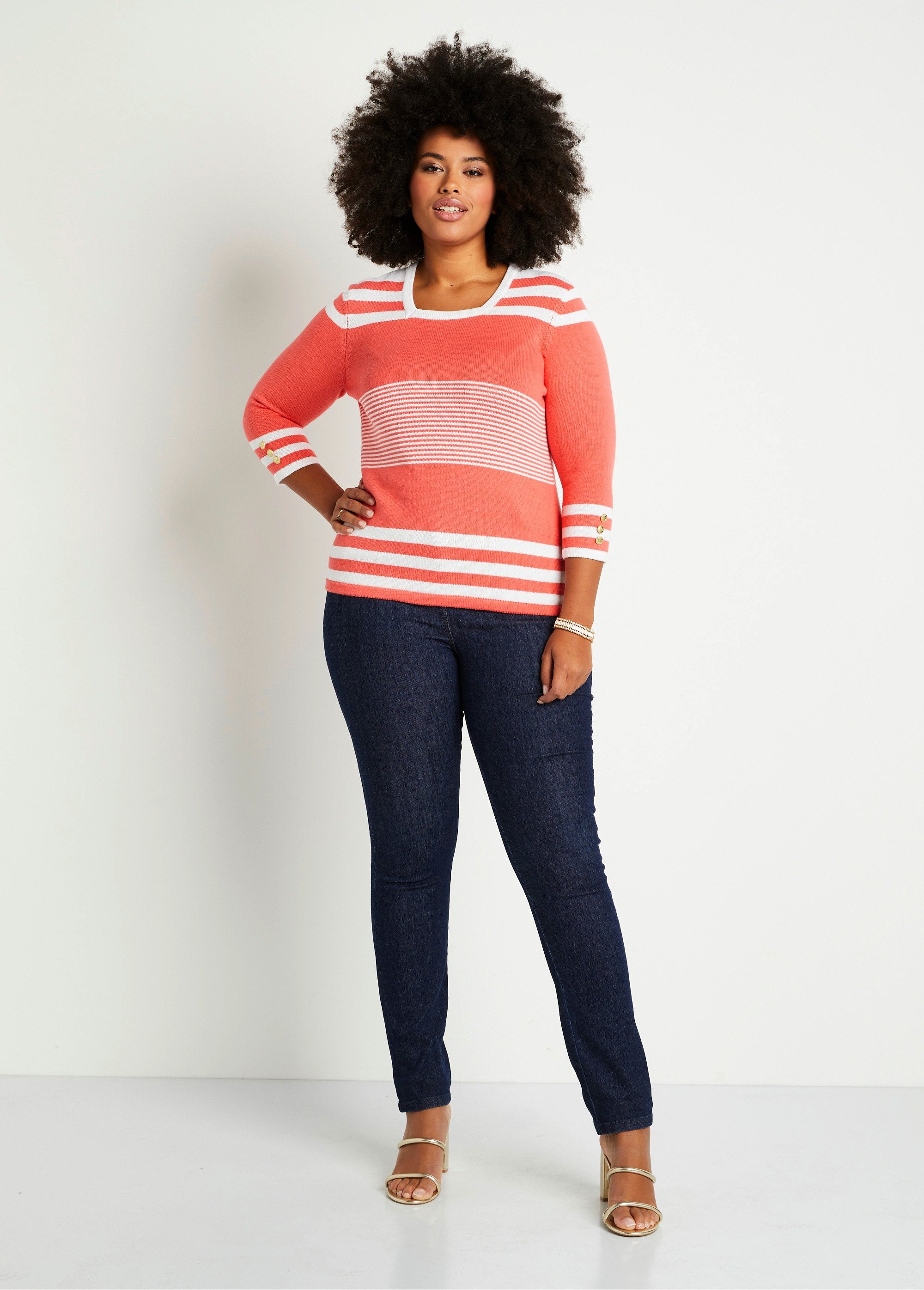 Pull_rayé_manches_3/4_coton_Corail_et_blanc_SF1_curvy