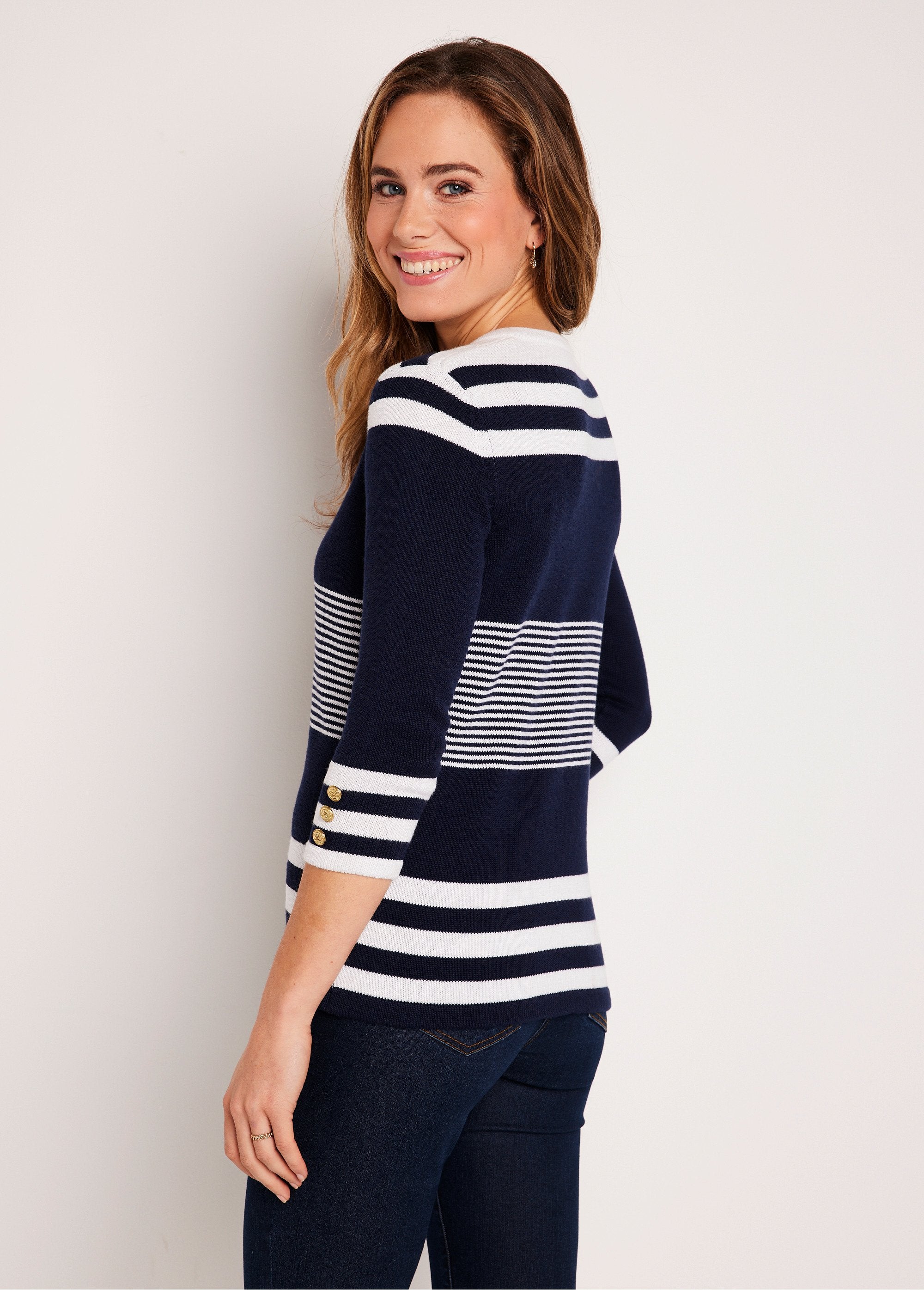 Pull_rayé_manches_3/4_coton_Marine_et_blanc_DO1_slim