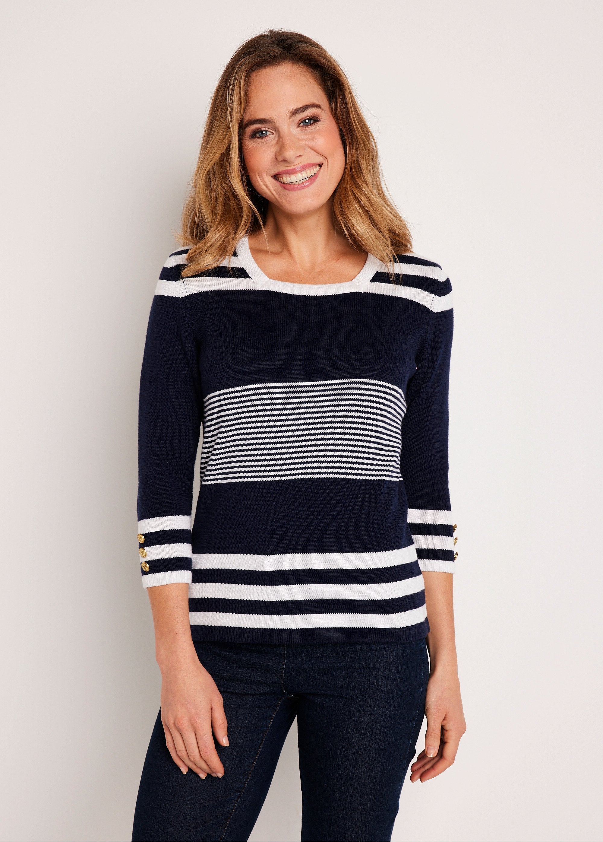 Pull_rayé_manches_3/4_coton_Marine_et_blanc_FA1_slim