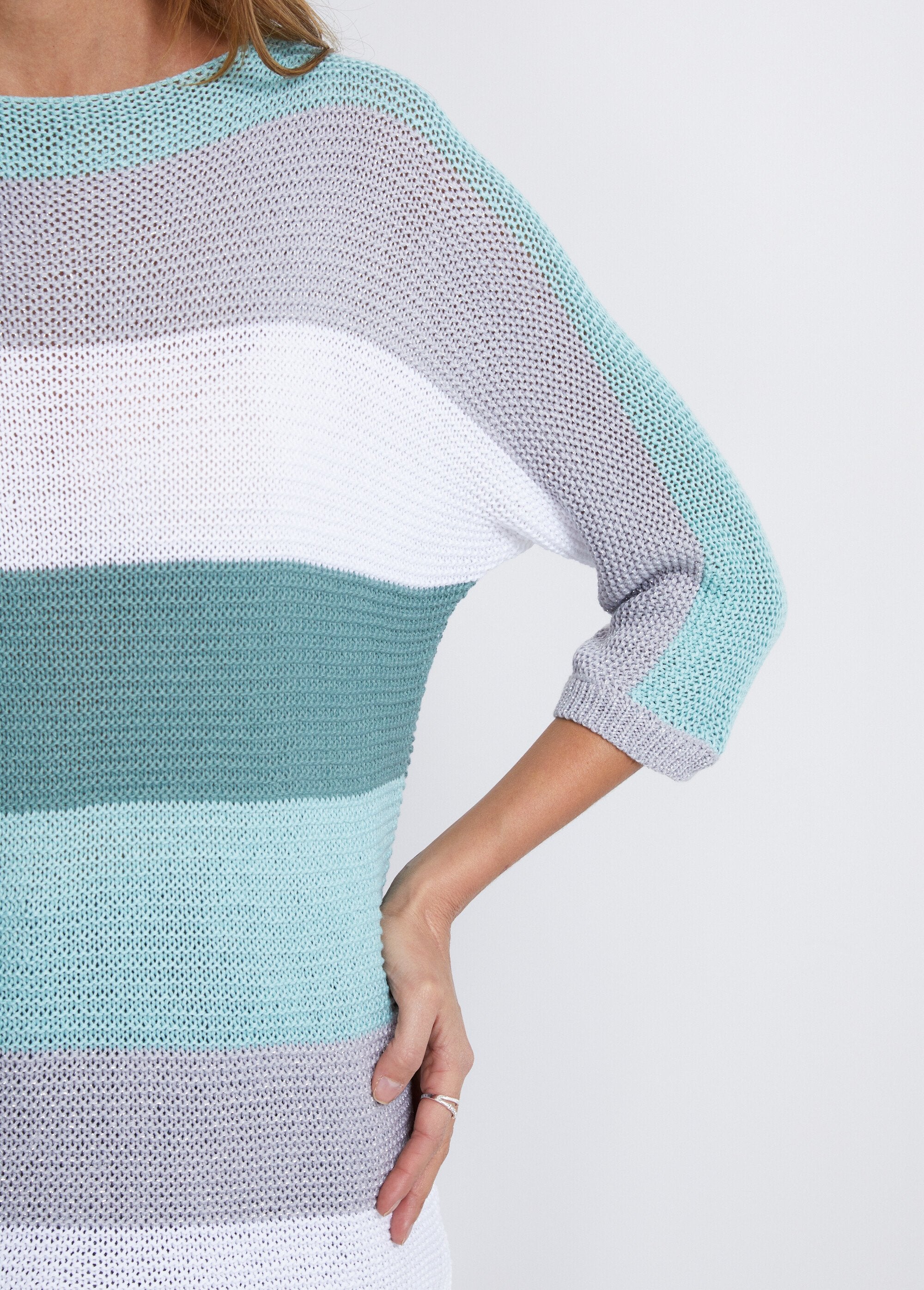 Pull_rayé_manches_3/4_point_mousse_Aqua_et_gris_DE3_slim