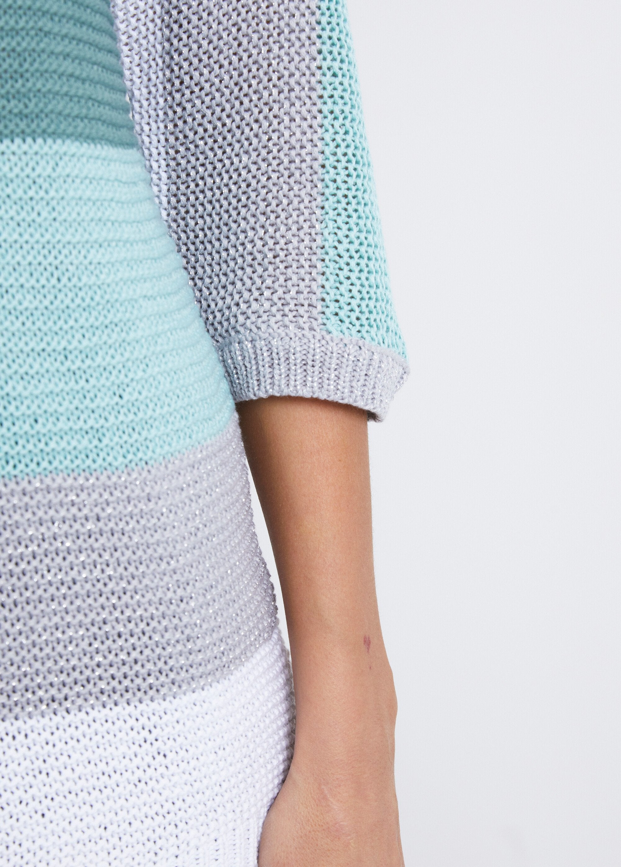 Pull_rayé_manches_3/4_point_mousse_Aqua_et_gris_DE4_slim