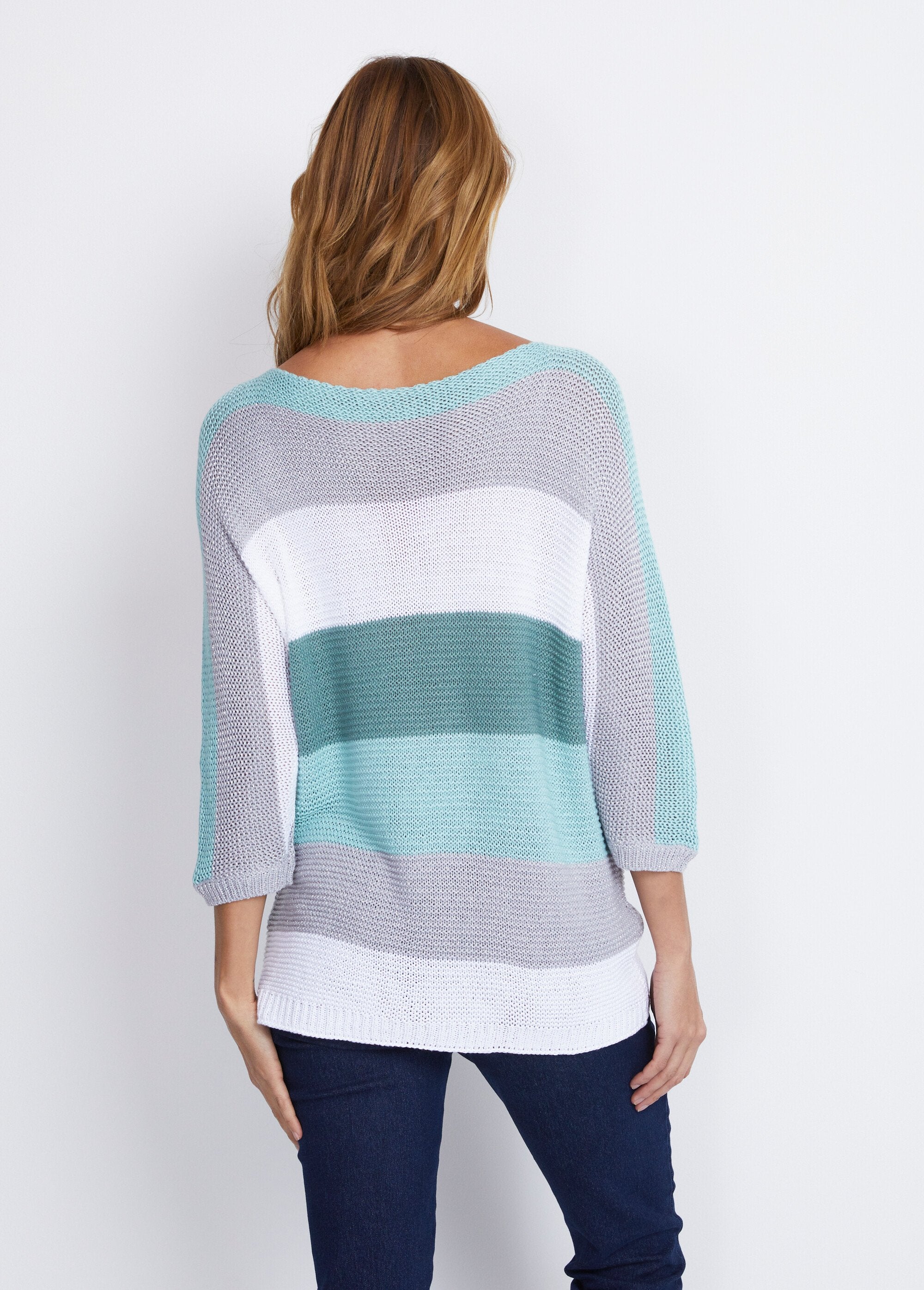 Pull_rayé_manches_3/4_point_mousse_Aqua_et_gris_DO1_slim