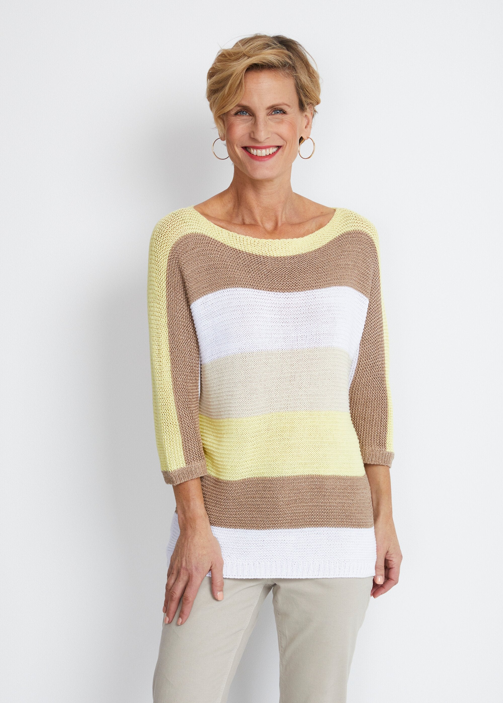 Pull_rayé_manches_3/4_point_mousse_Jaune_et_dore_FA1_slim