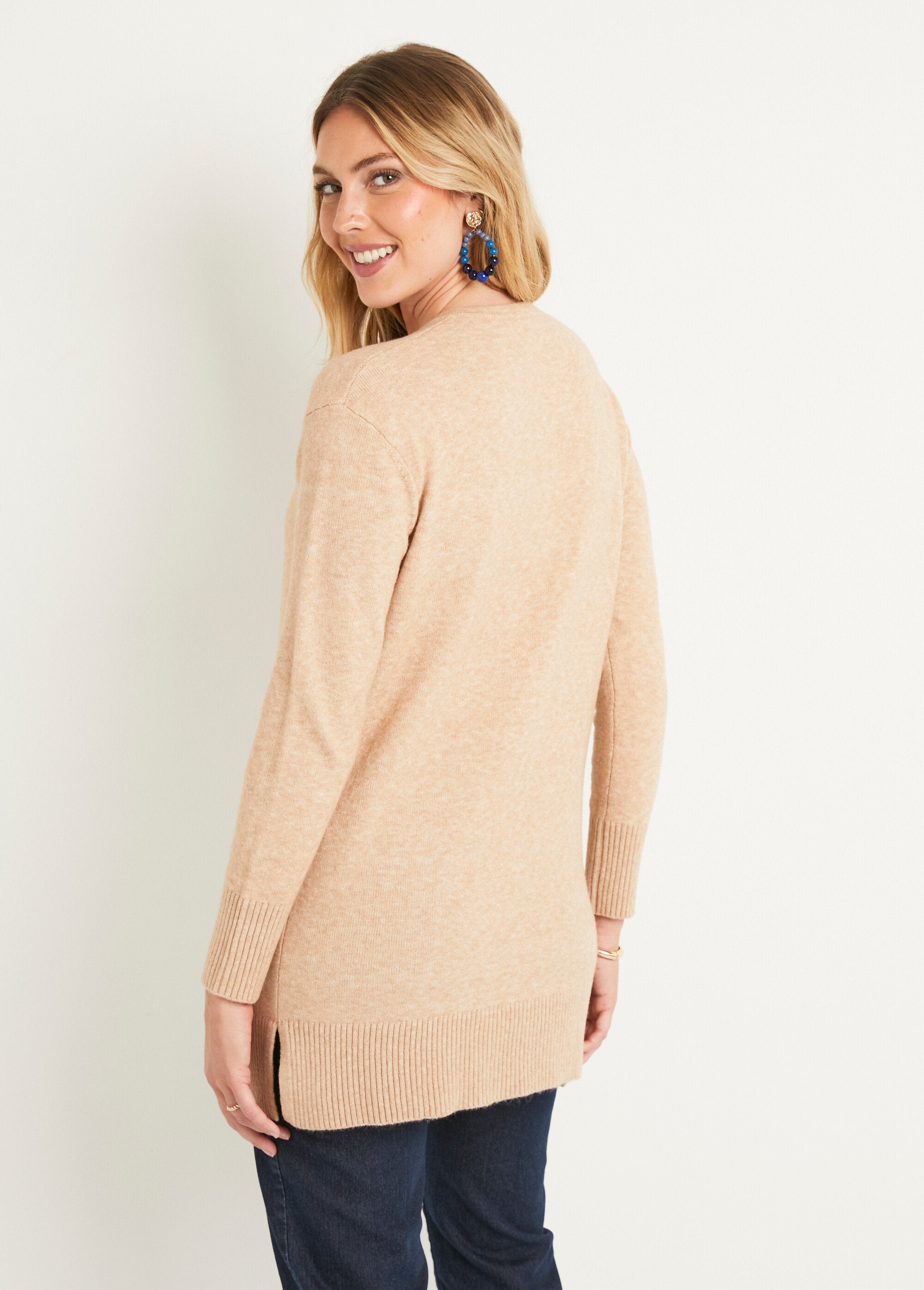 Pull_tunique_chiné_long_col_V_avec_laine_Sable_DO1_slim