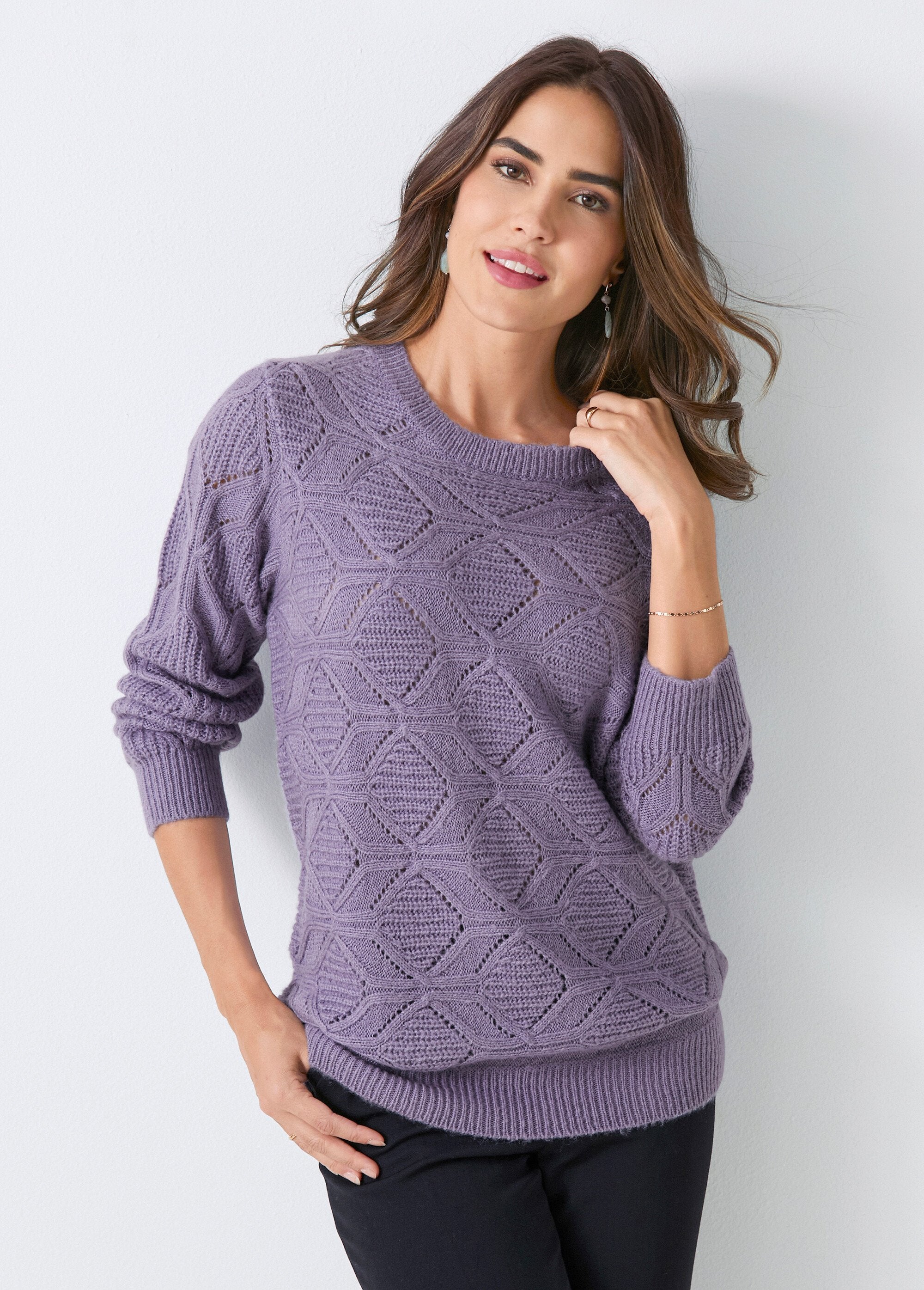 Pull_tunique_mi_long_uni_col_rond_maille_ajourée_Parme_FA1_slim