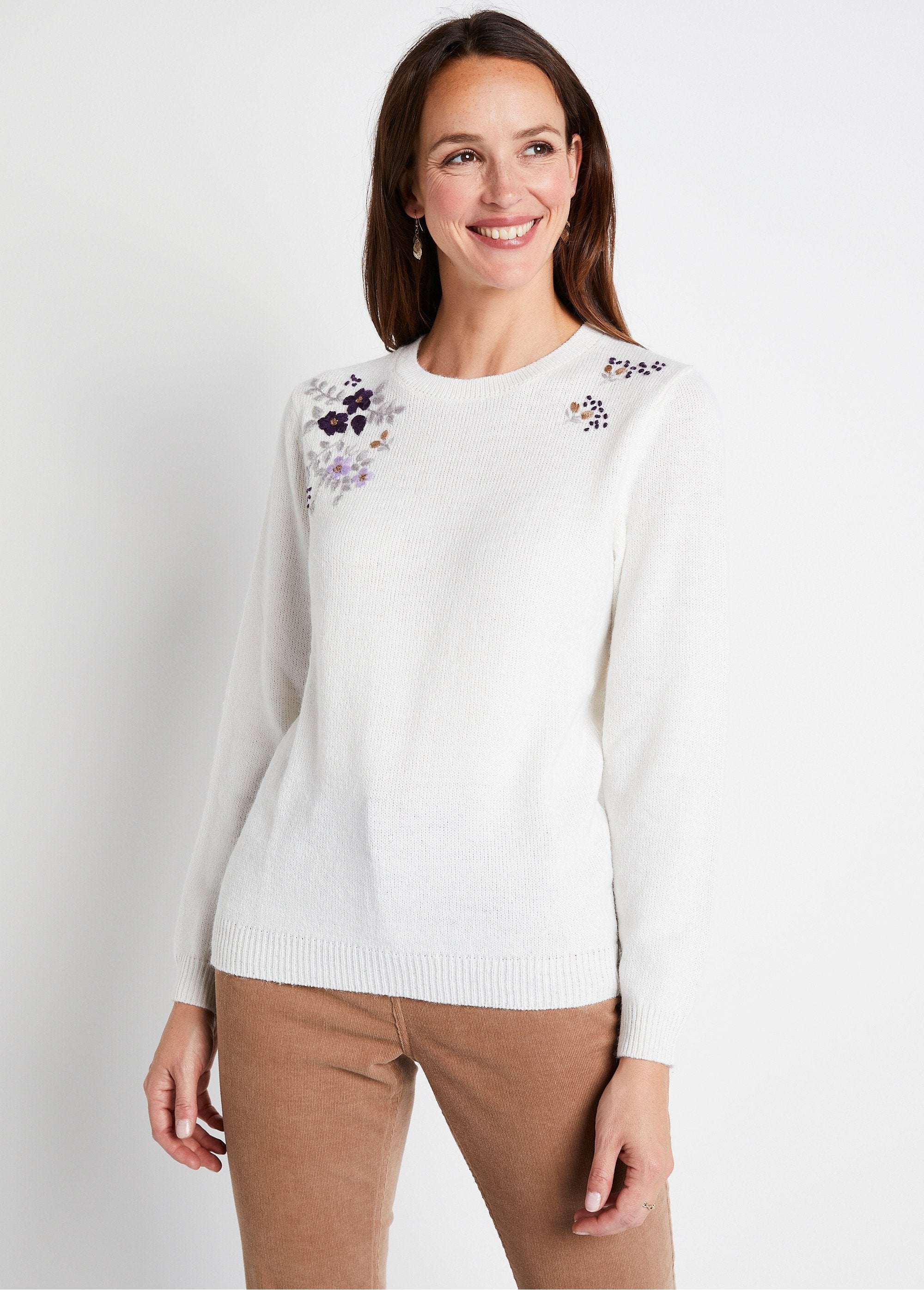 Pull_doux_uni_brodé_col_rond_manches_longues_Ecru_FA1_slim