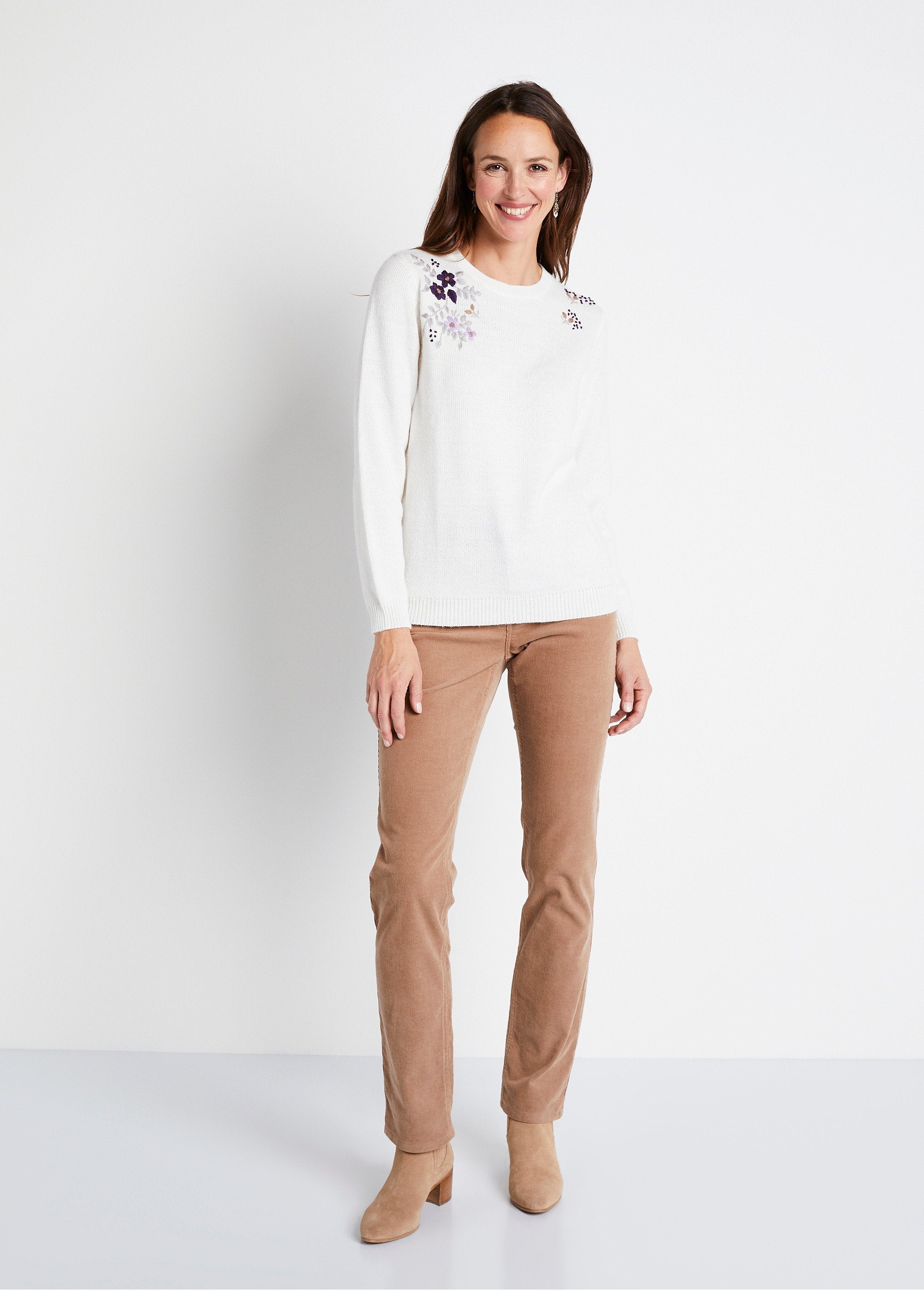 Pull_doux_uni_brodé_col_rond_manches_longues_Ecru_SF1_slim