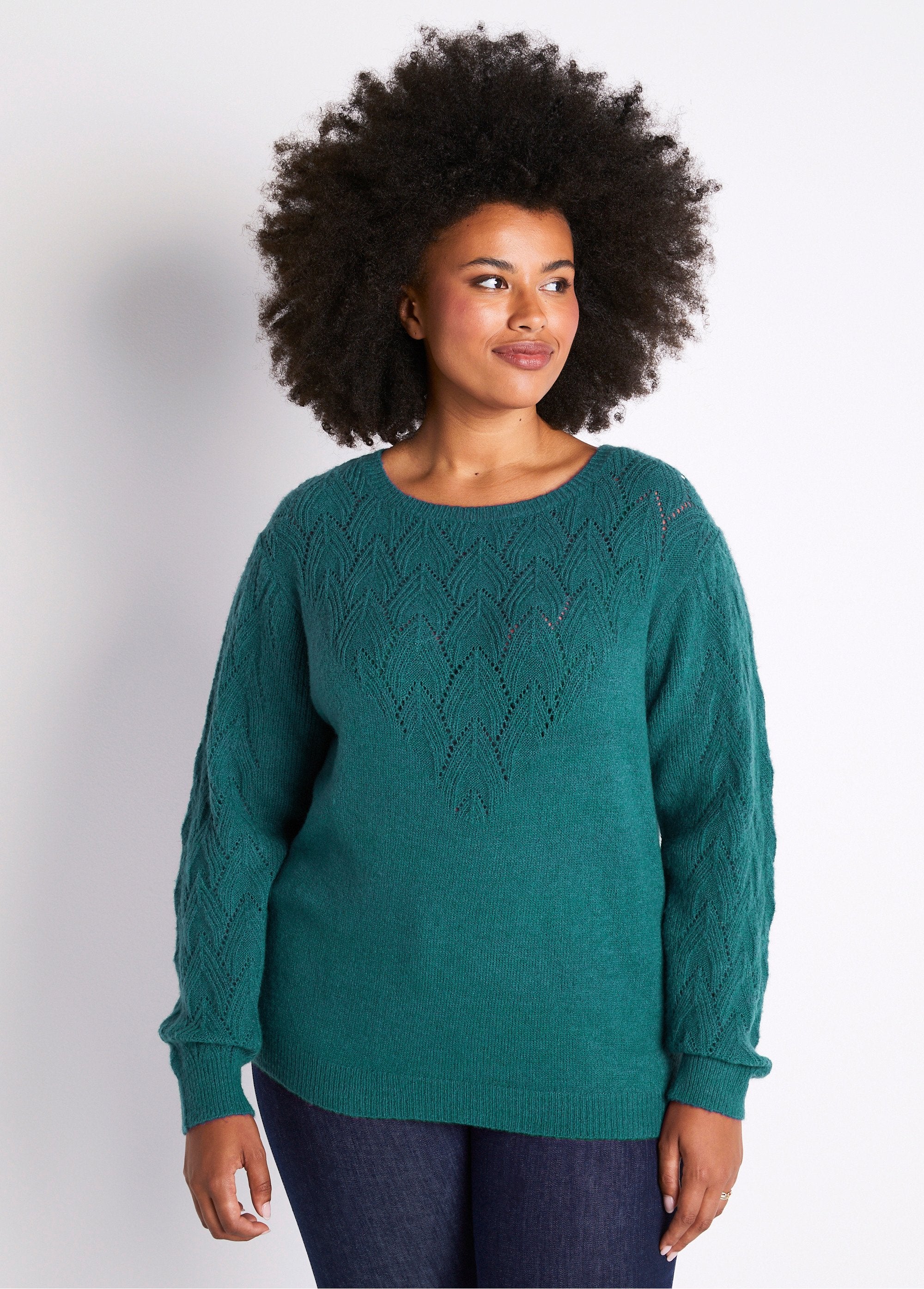 Pull_doux_uni_col_rond_maille_fantaisie_Vert_FA1_curvy