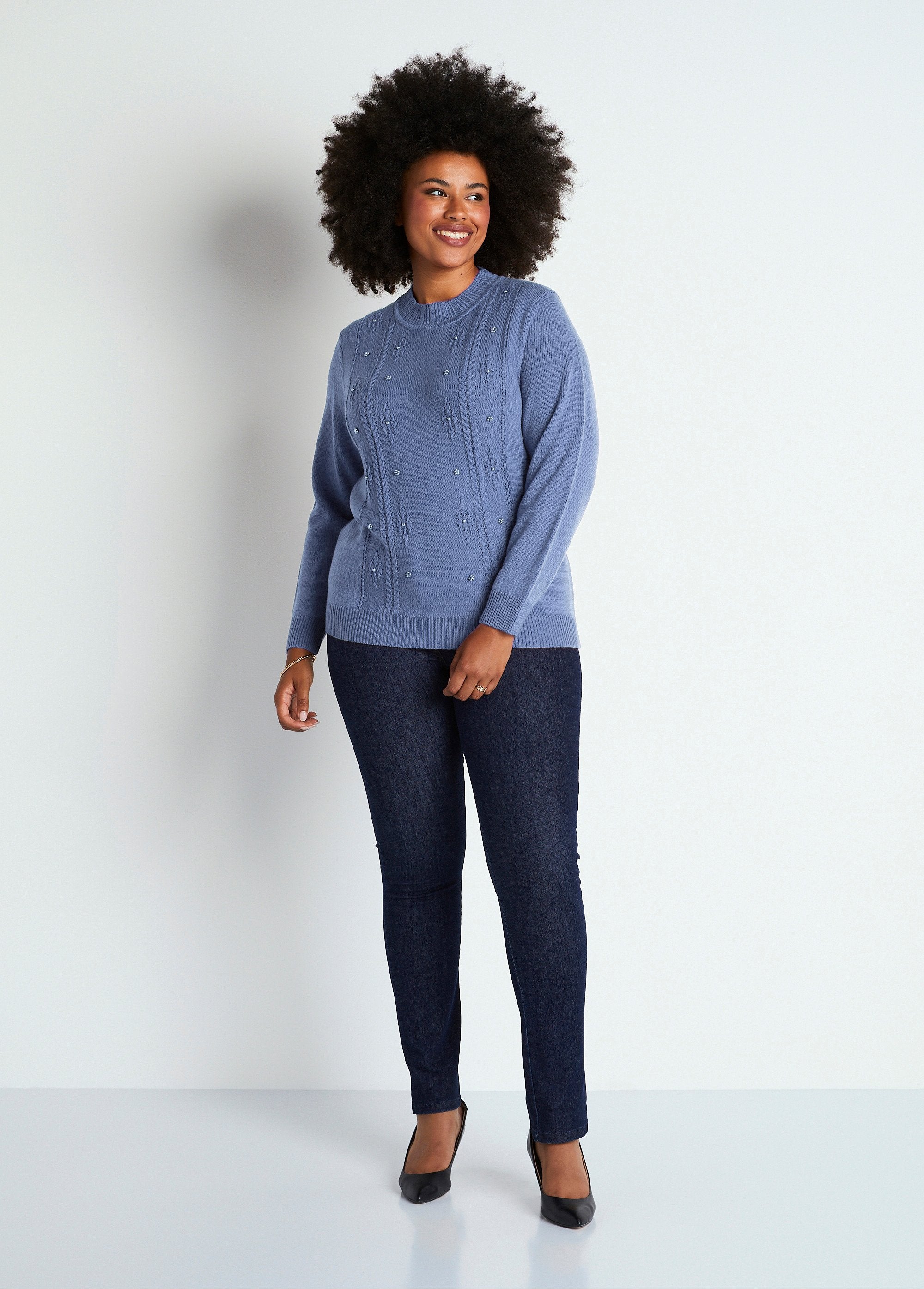 Pull_uni_perlé_torsadé_col_montant_Bleu_SF1_curvy