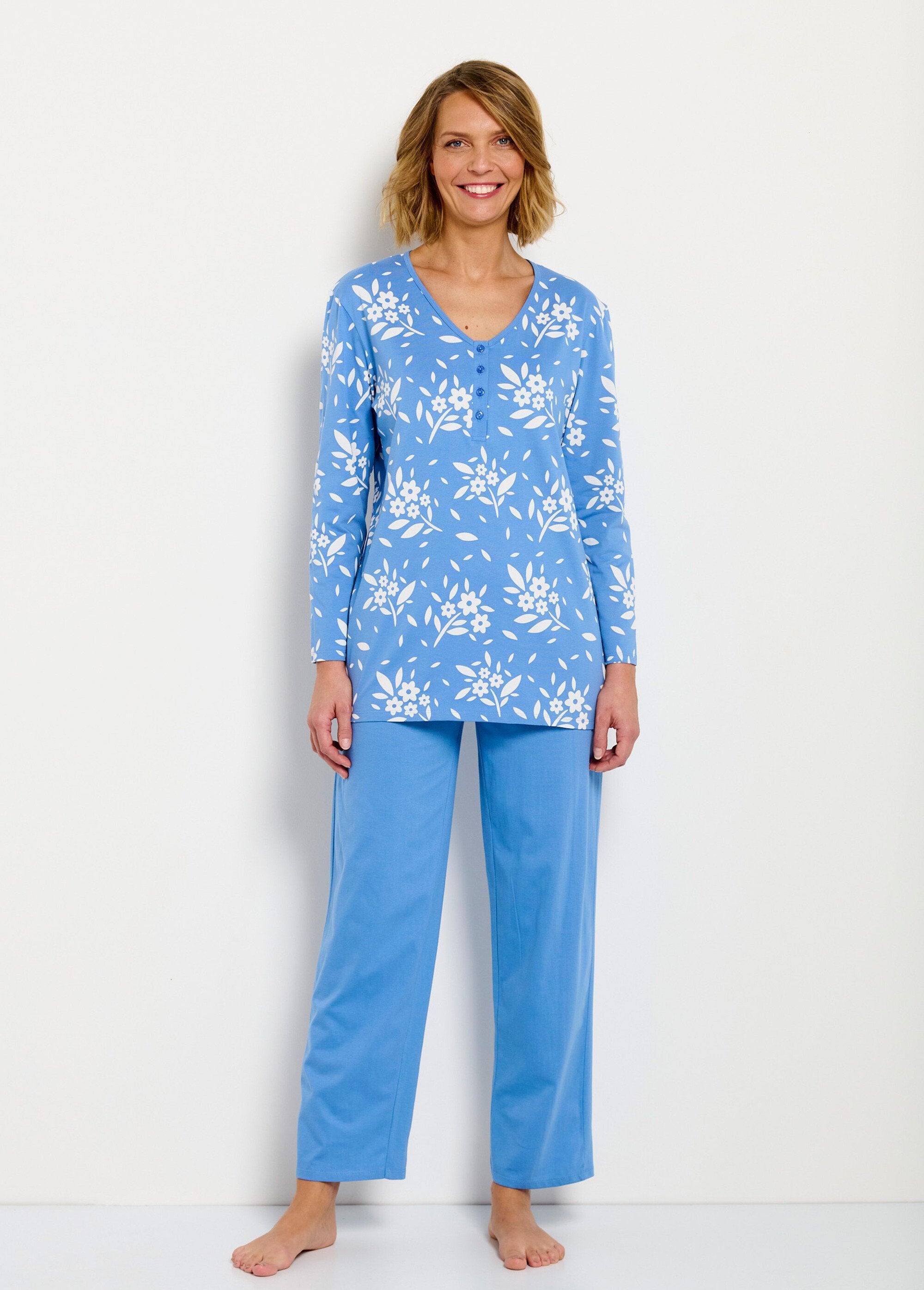 Pyjama_col_V_boutonné_coton_manches_longues_Bleu_FA1_slim