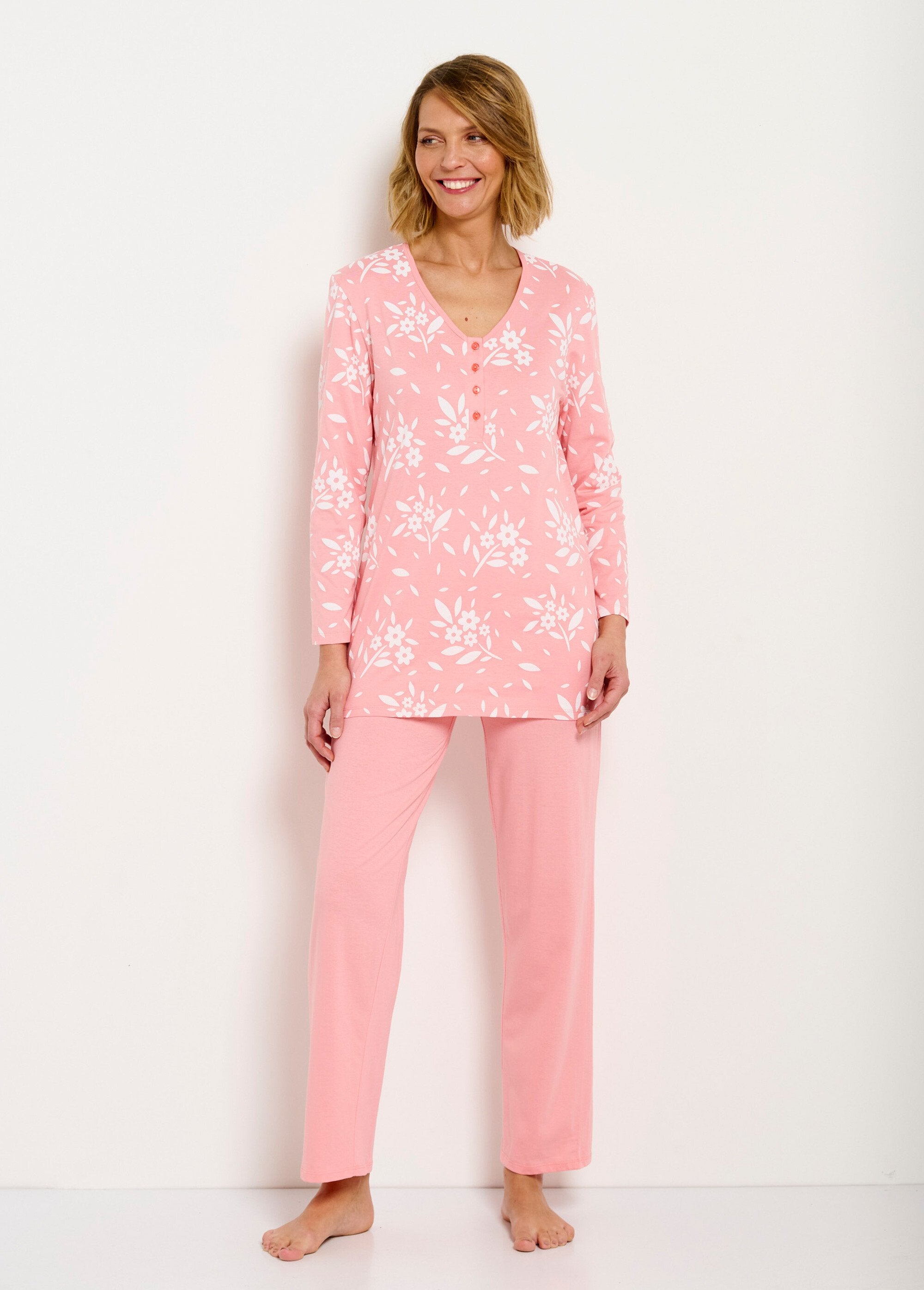 Pyjama_col_V_boutonné_coton_manches_longues_Corail_FA1_slim