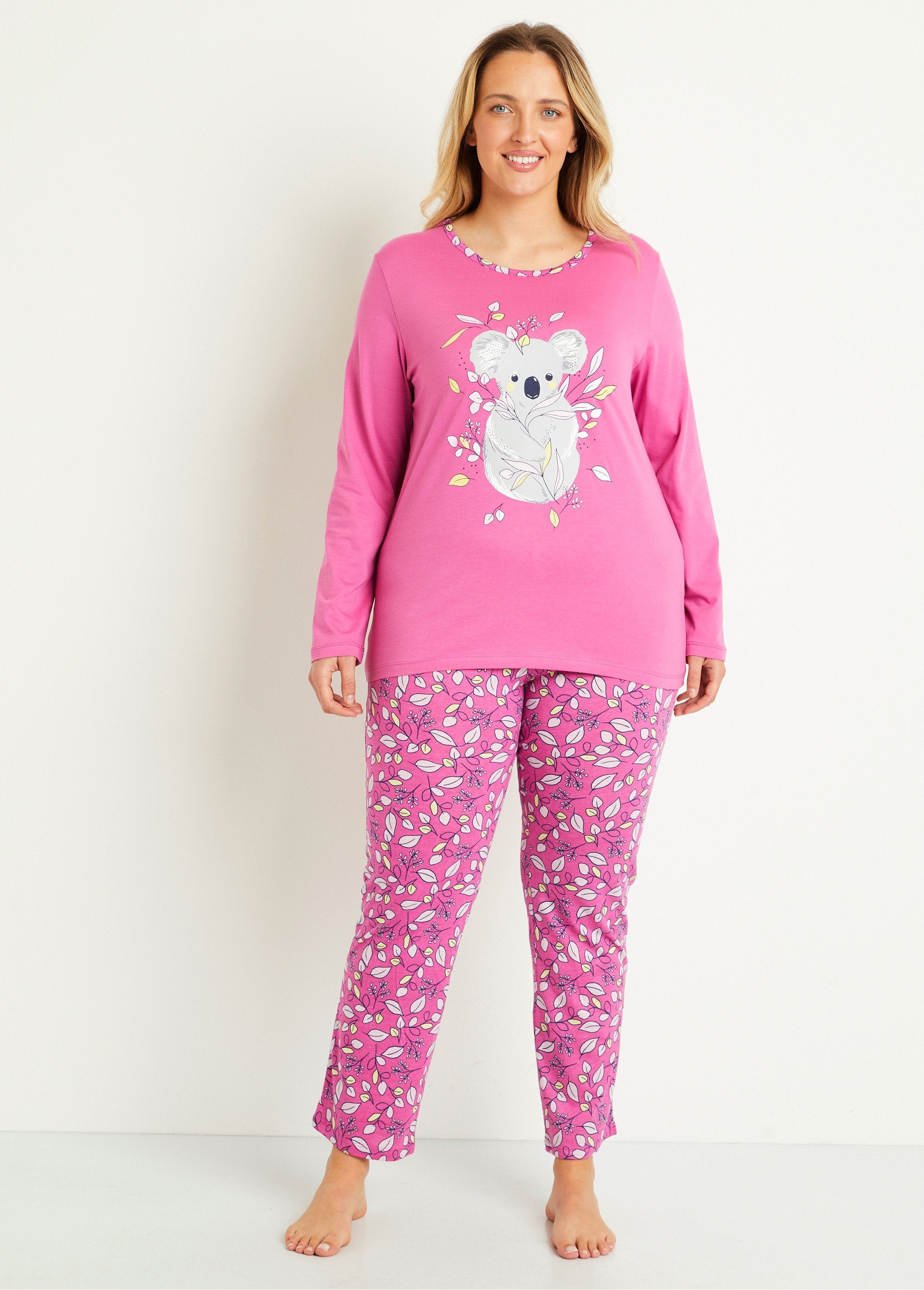 Koala_pattern_printed_cotton_pajamas_Pink_FA1_curvy