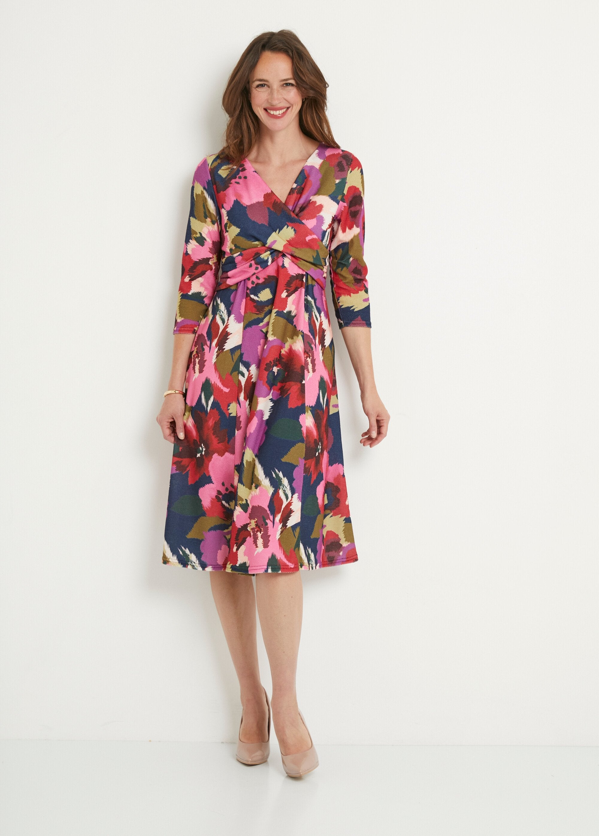 Robe_cache-coeur_courte_imprimée_manches_3/4_Marine_et_rose_FA1_slim