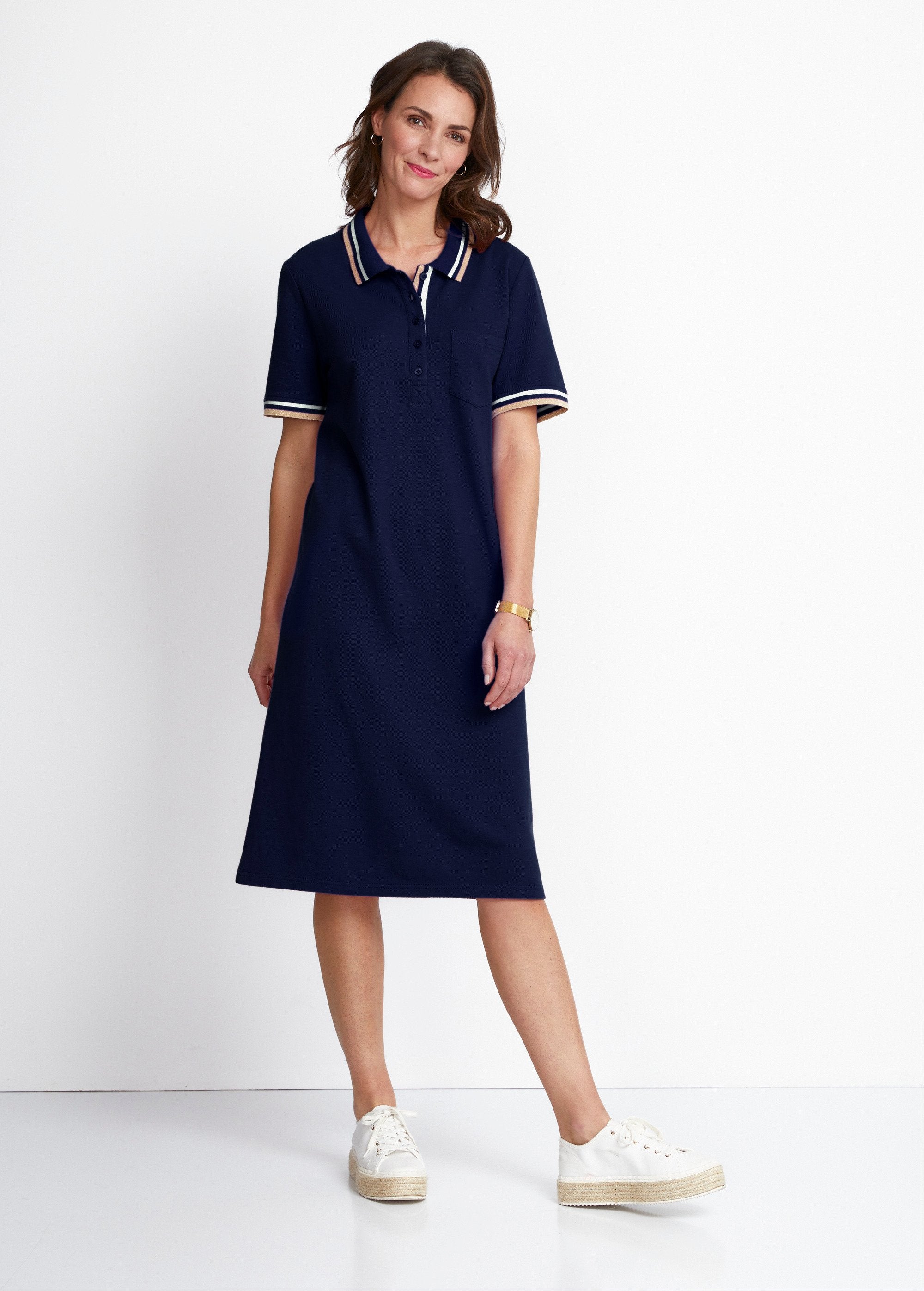 Robe_col_polo_maille_piquée_Marine_FA1_slim