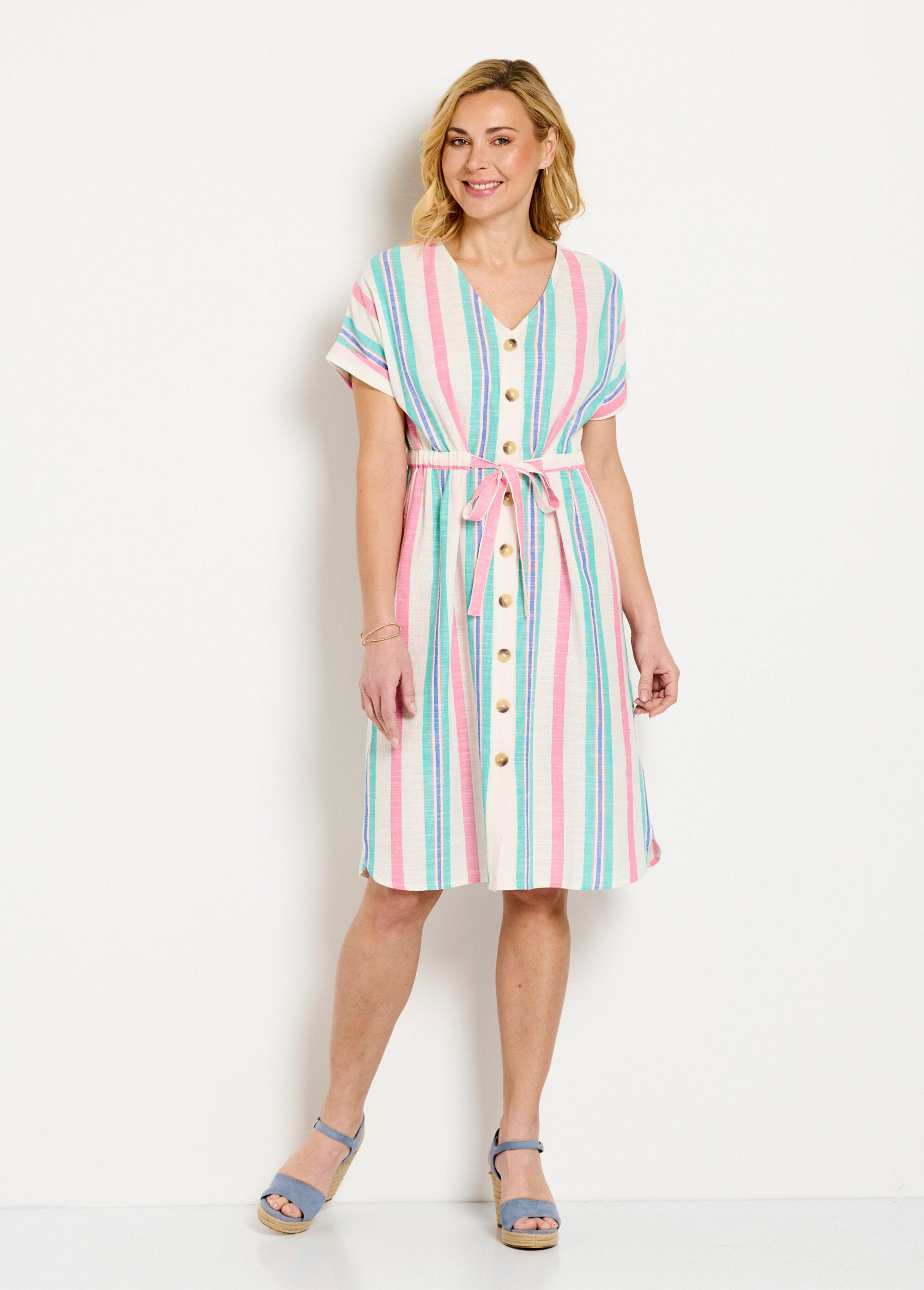 Robe_courte_boutonnée_col_V_coton_rayé_Rose_et_blanc_FA1_slim