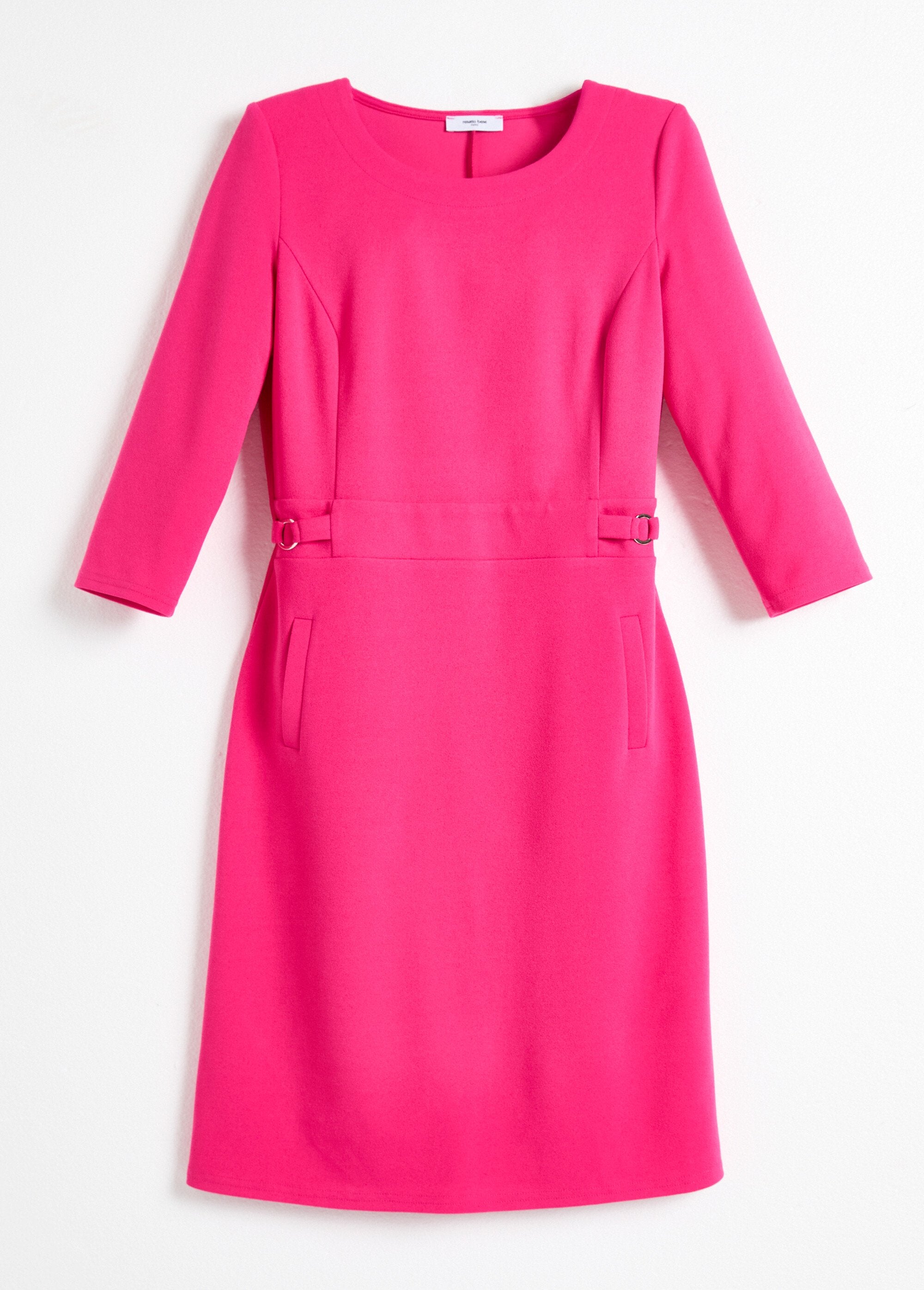 Rechte_jurk_met_3/4_mouwen_in_zacht_breisel_Fuchsia_AP1_slim