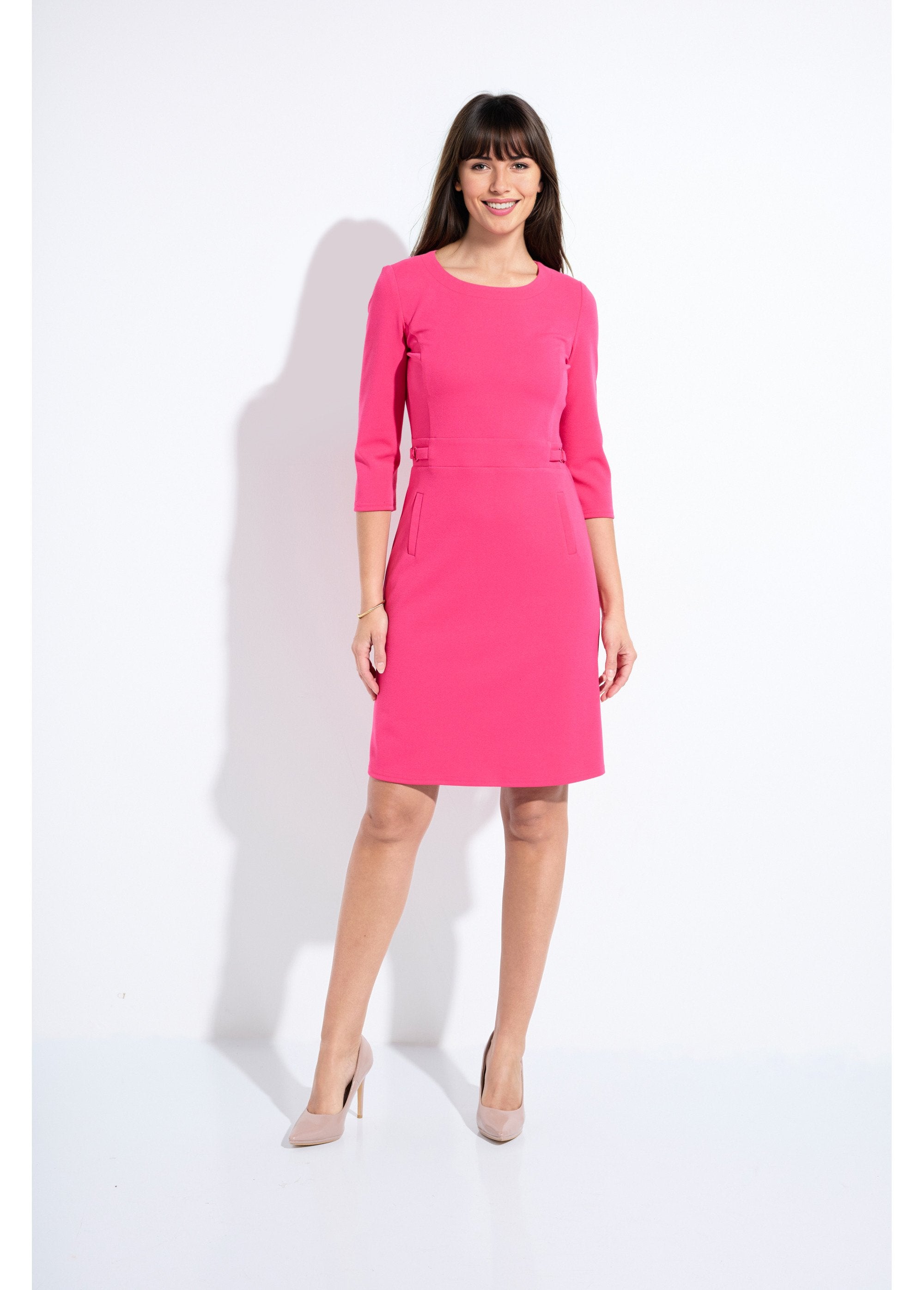 Rechte_jurk_met_3/4_mouwen_in_zacht_breisel_Fuchsia_FA1_slim