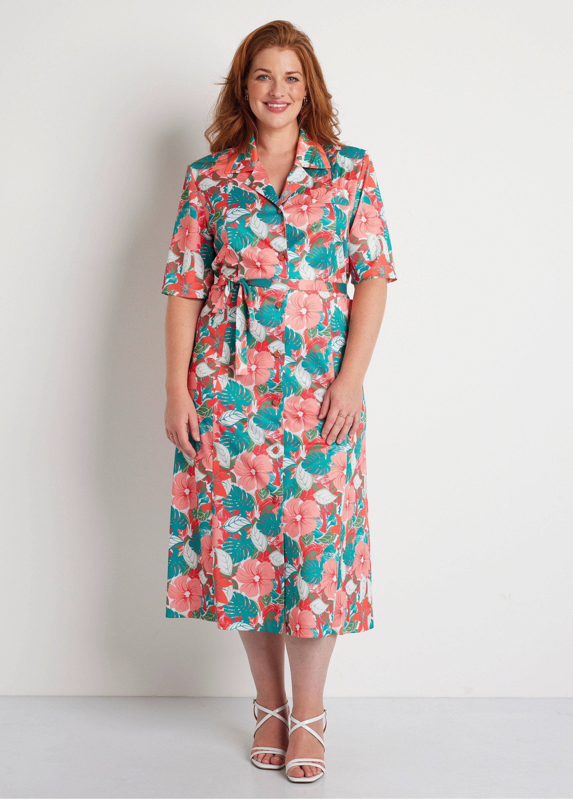 Floral_buttoned_mid-length_straight_dress_Green_and_pink_FA1_curvy