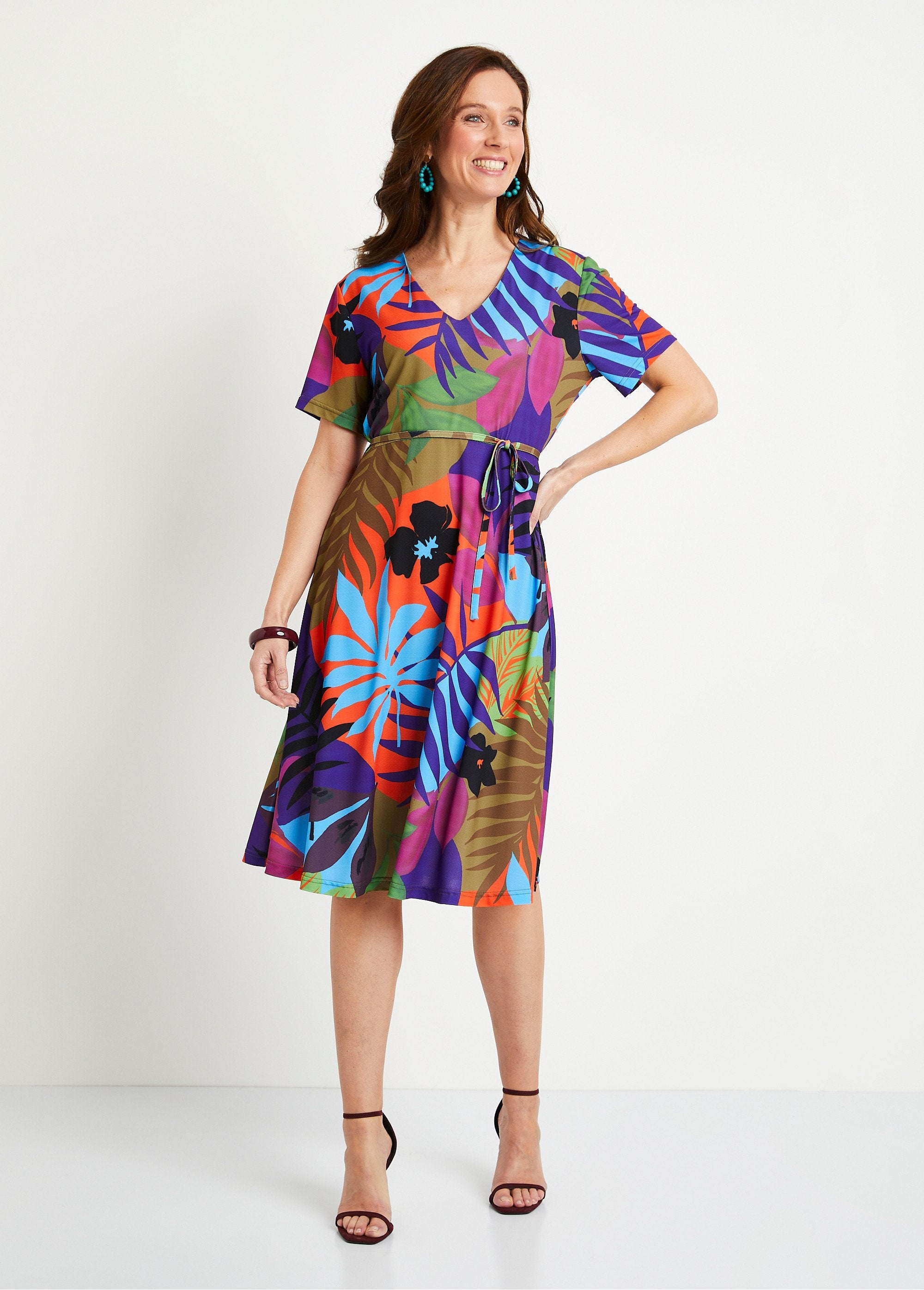 Robe_évasée_courte_imprimé_feuilles_Multicolore_FA1_slim