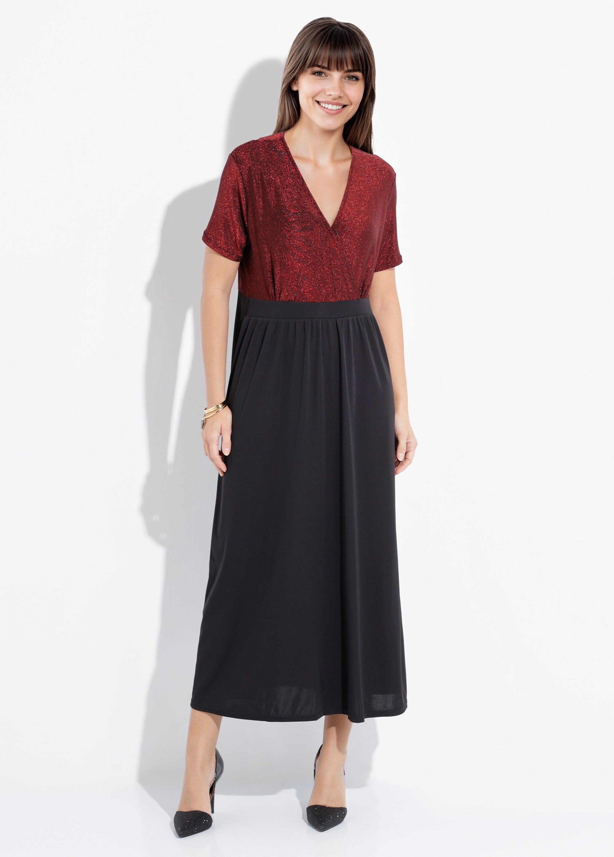 Chique_lange_jurk_van_gebreid_metallic_Rouge_et_noir_FA1_slim