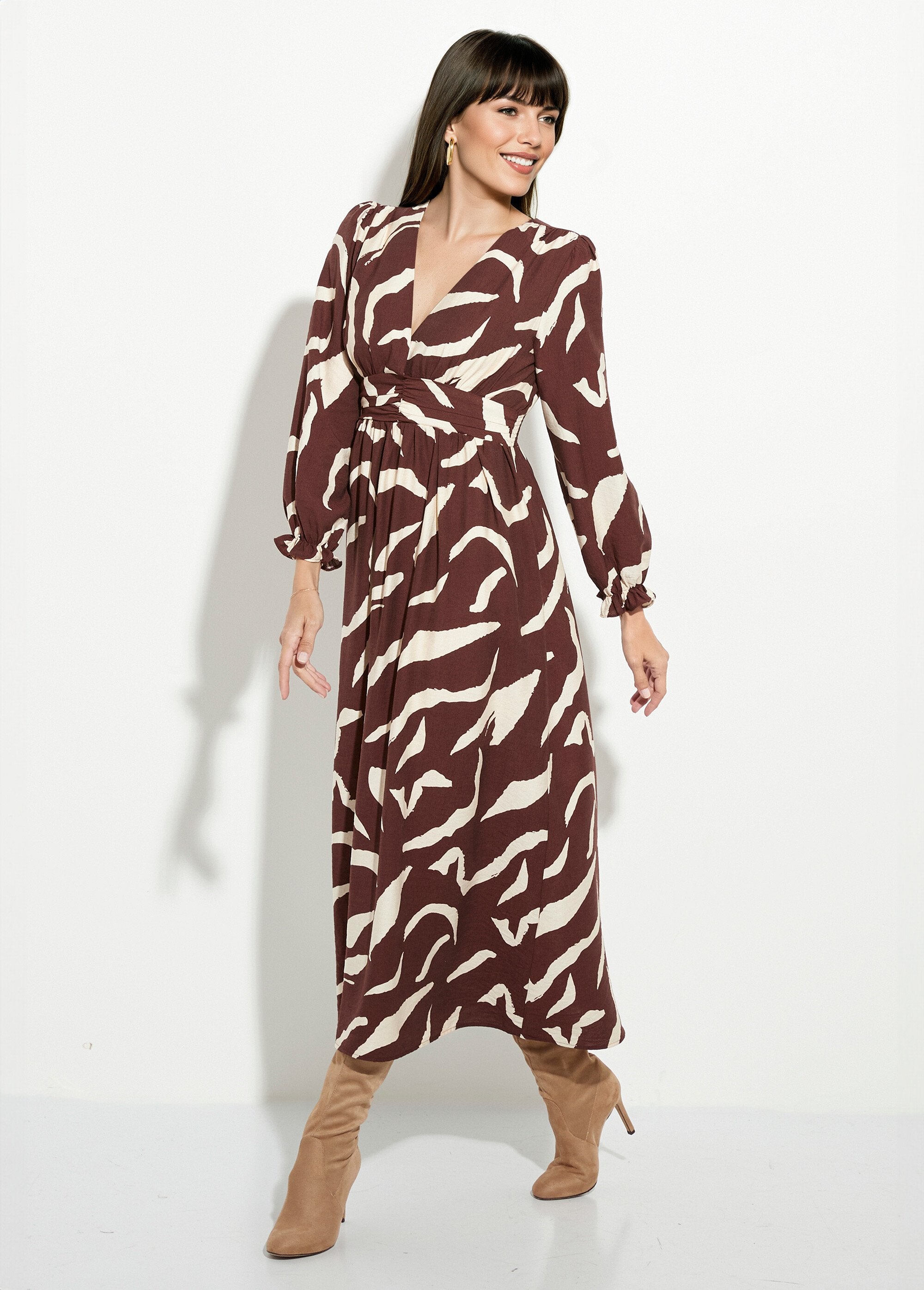 Lange_jurk_met_print,_geplooide_taille,_V-hals_Marron_FA1_slim