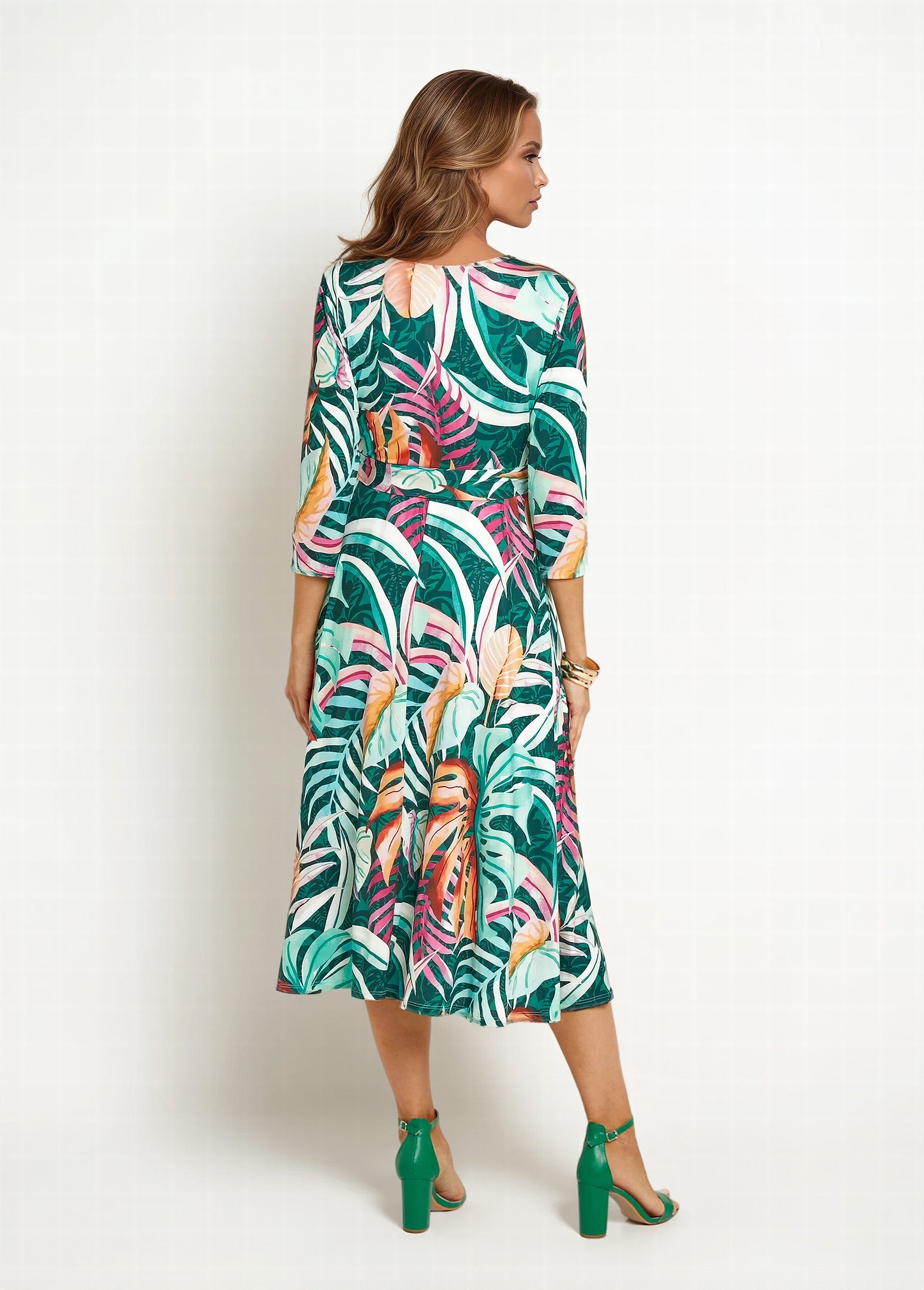 Robe_longue_manches_3/4,_feuilles_tropicales_Vert_imprime_DO1_slim