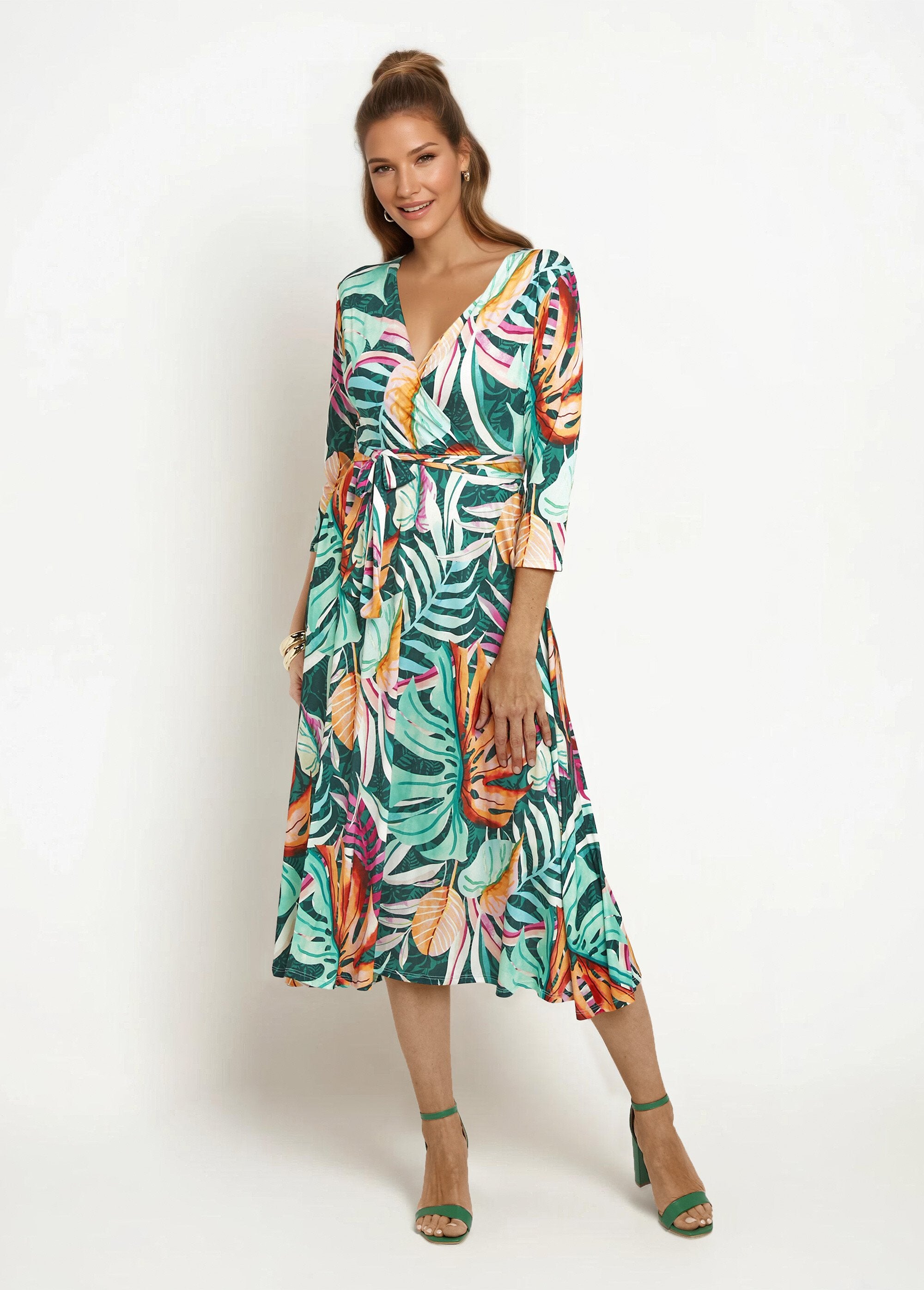 Robe_longue_manches_3/4,_feuilles_tropicales_Vert_imprime_FA1_slim