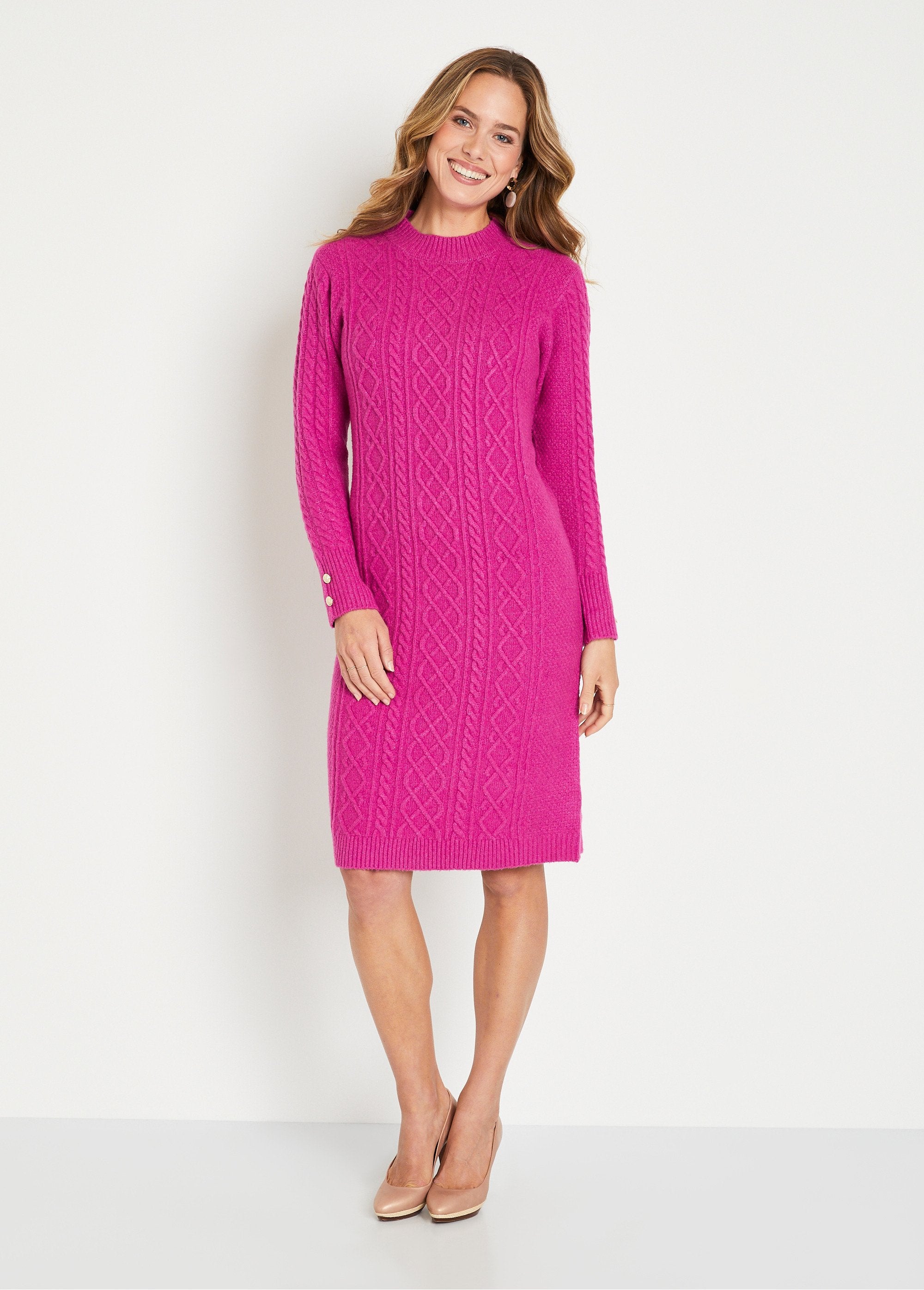 Robe_pull_courte_tricot_uni_col_rond_Rose_FA1_slim