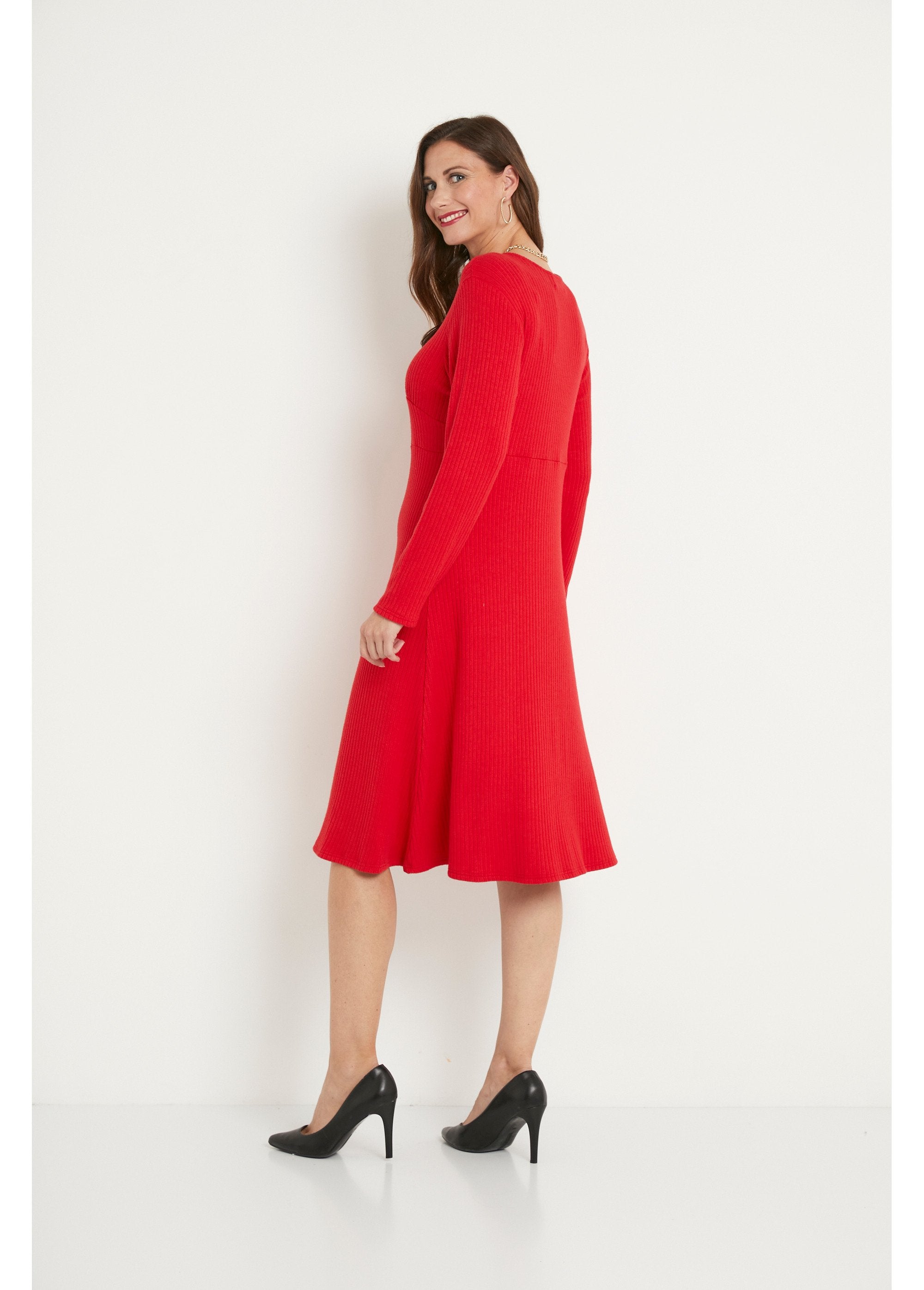 Robe_unie_courte_col_V_en_maille_côtelée_Rouge_DO1_slim