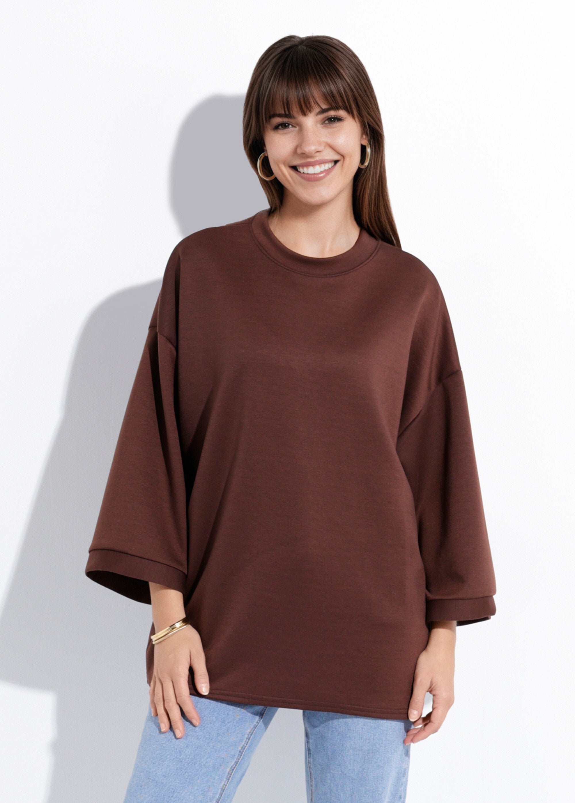 Groot_sweatshirt_met_ronde_hals,_3/4_mouwen_Chocolat_FA1_slim