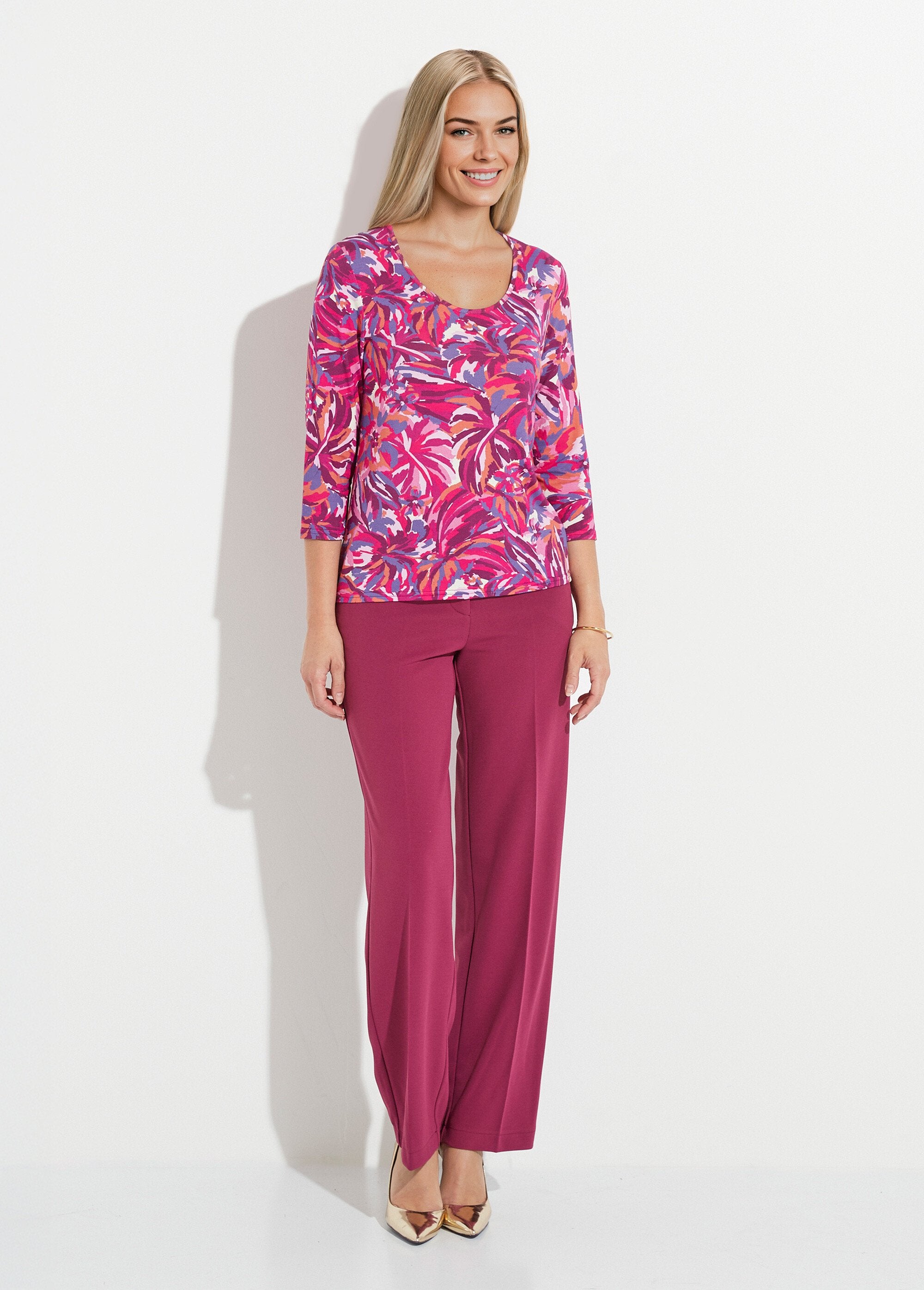 T-shirt_col_rond_manches_3/4_imprimé_Imprime_fuchsia_SF1_slim