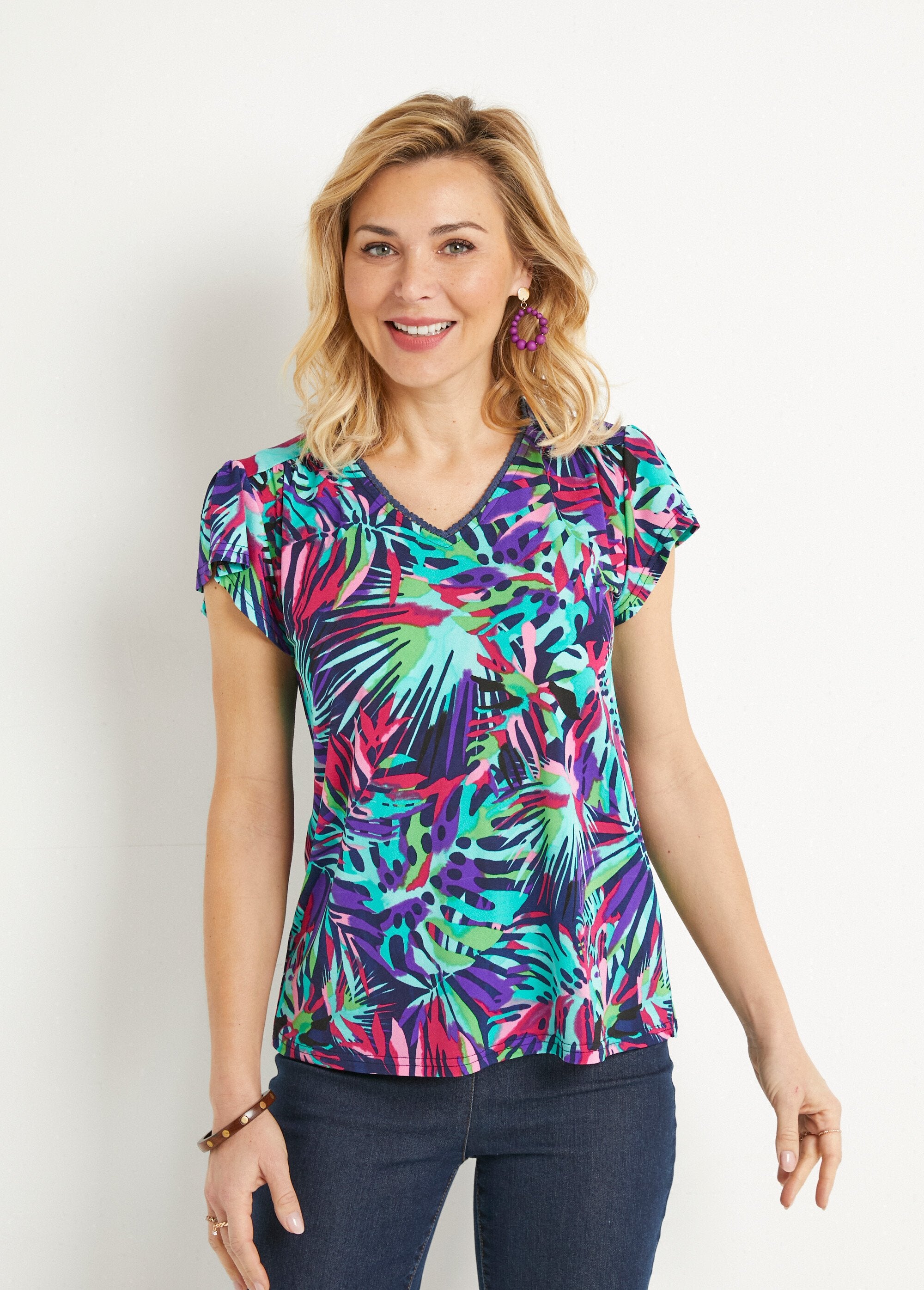 T-shirt_col_V_évasé_manches_courtes_Multicolore_FA1_slim