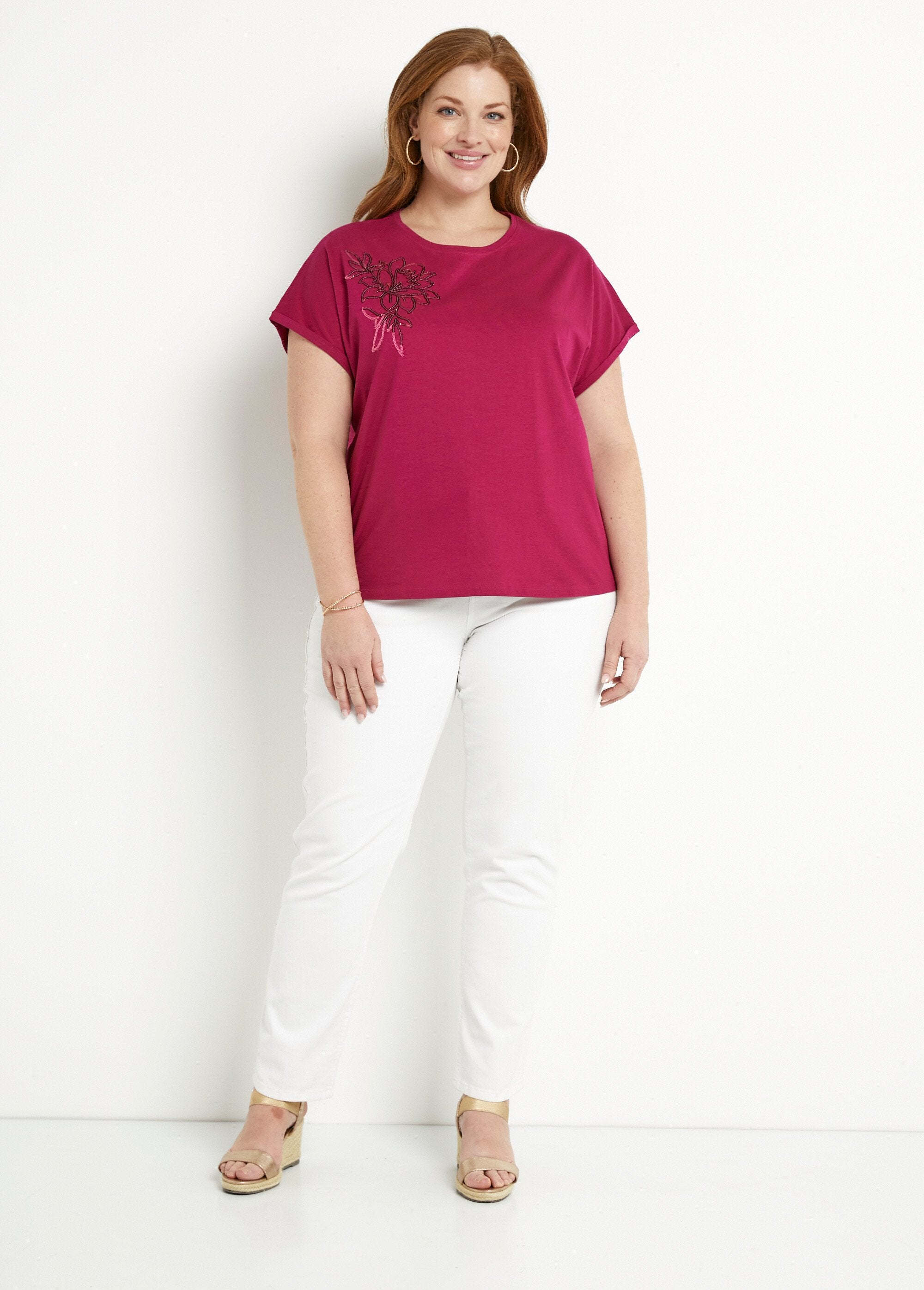 Effen_katoenen_T-shirt_met_pailletten,_korte_mouwen_Cassis_SF1_curvy
