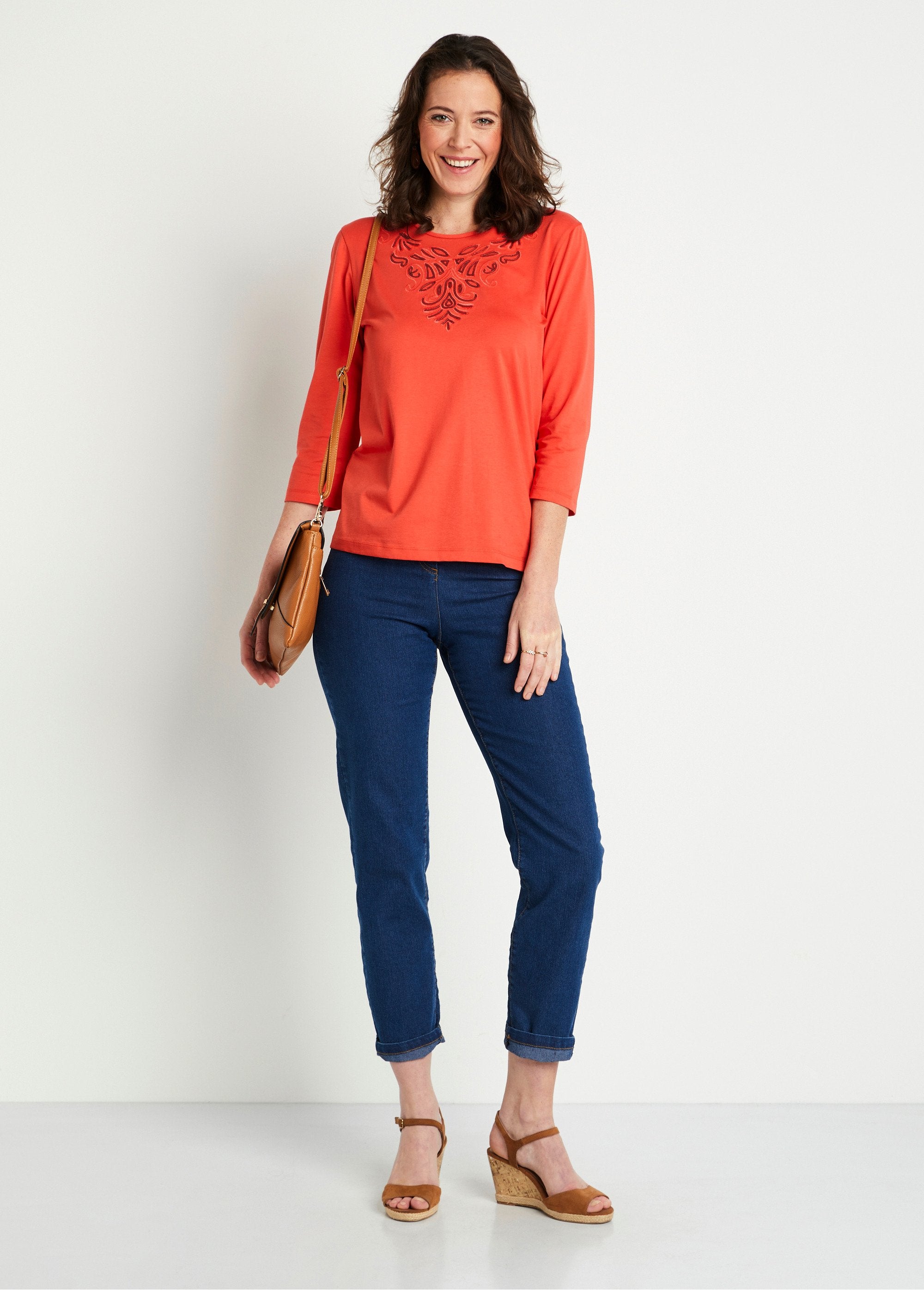 Short_embroidered_t-shirt_with_3/4_sleeves_Orange_SF1_slim