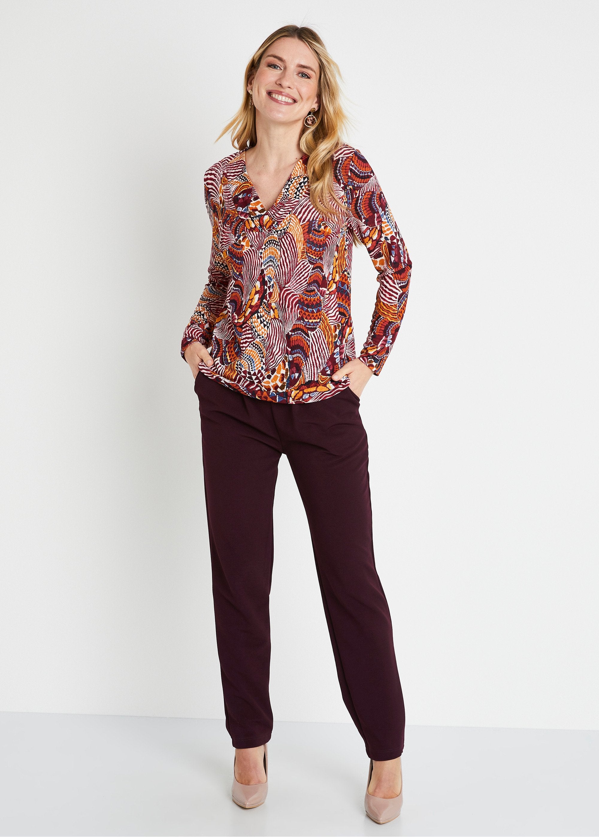 Patchwork_print_crew-neck_T-shirt_Bordeaux_and_honey_SF1_slim