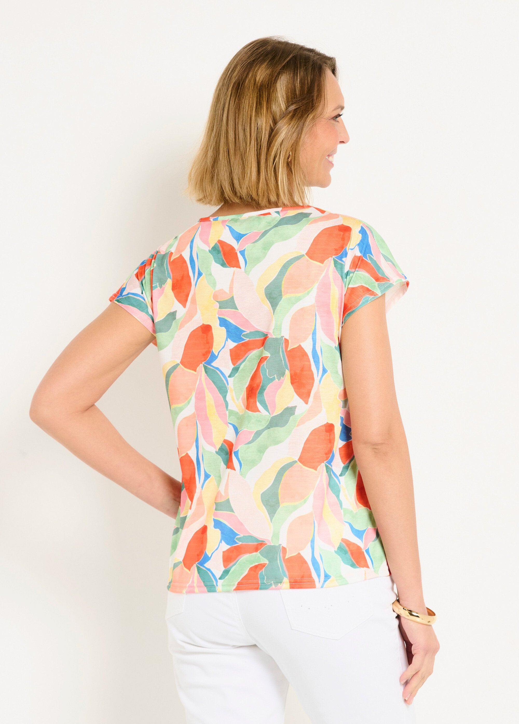 T-shirt Femme Imprimé Patchwork - Col Rond, Manches 3/4 En Viscose élastique, Fabriqué En France