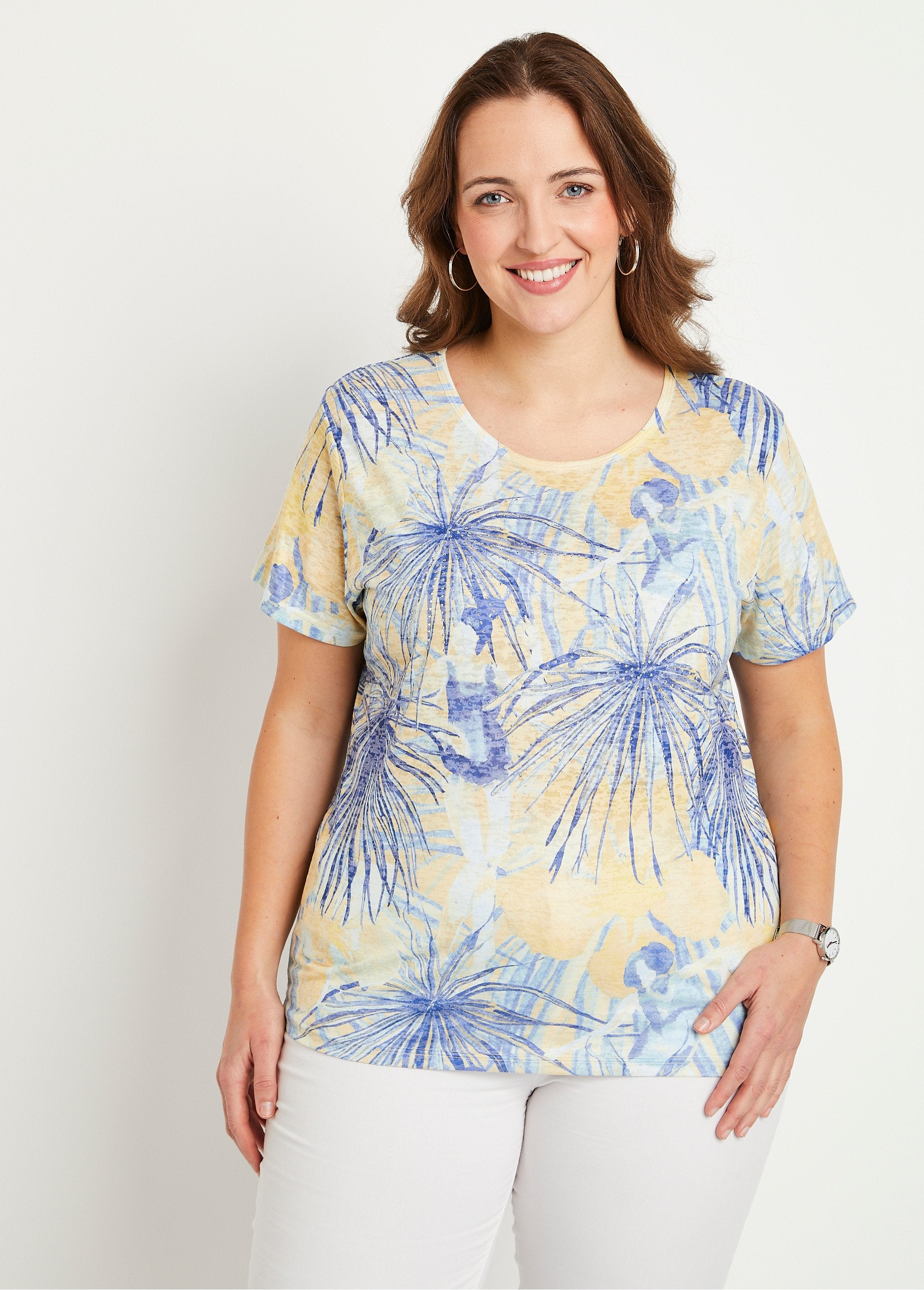 T-shirt_court_motif_et_strass_col_rond_Jaune_et_bleu_FA1_curvy