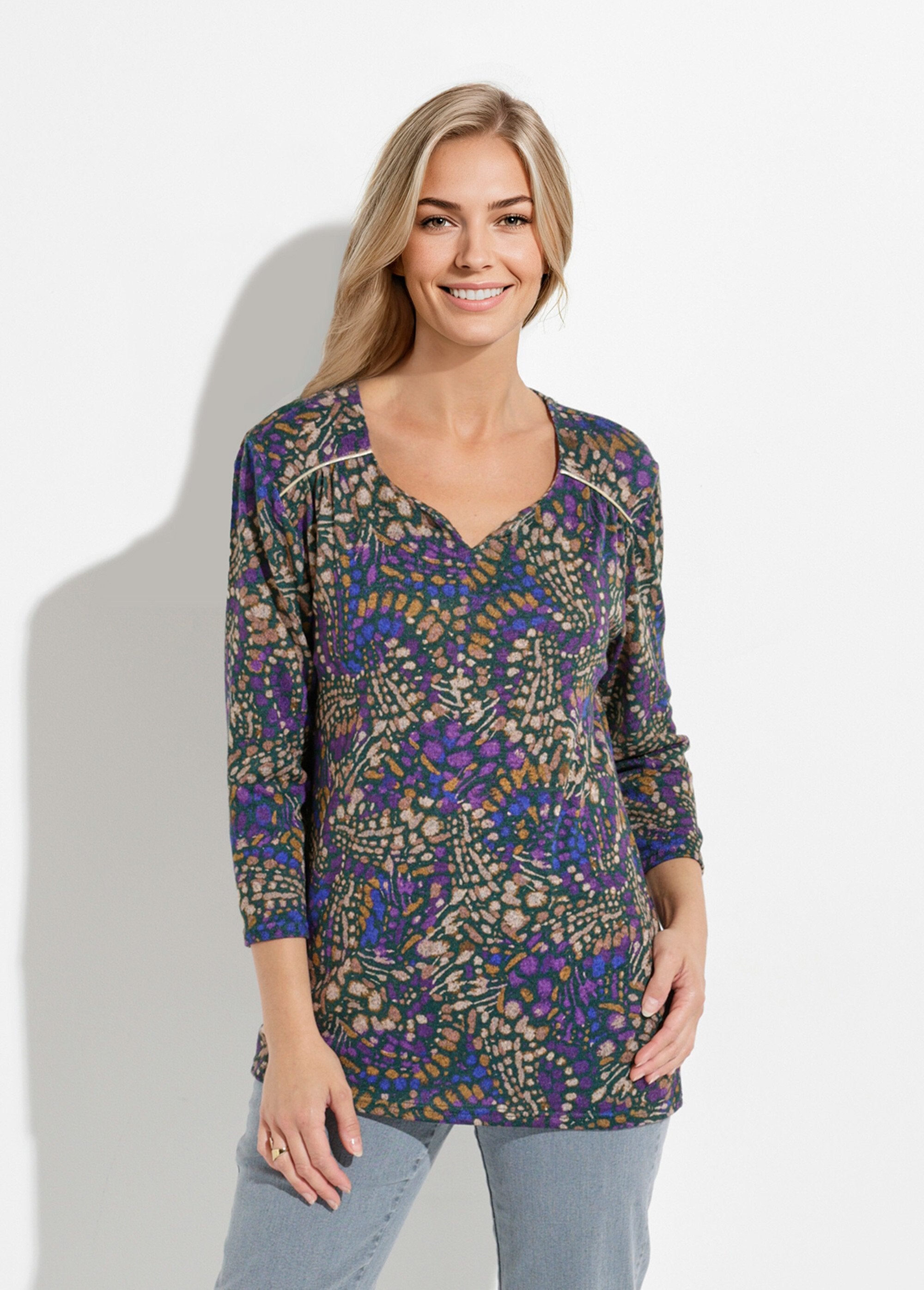 T-shirt_long_évasé_manches_3/4_imprimé_tachiste_Violet_et_beige_FA1_slim