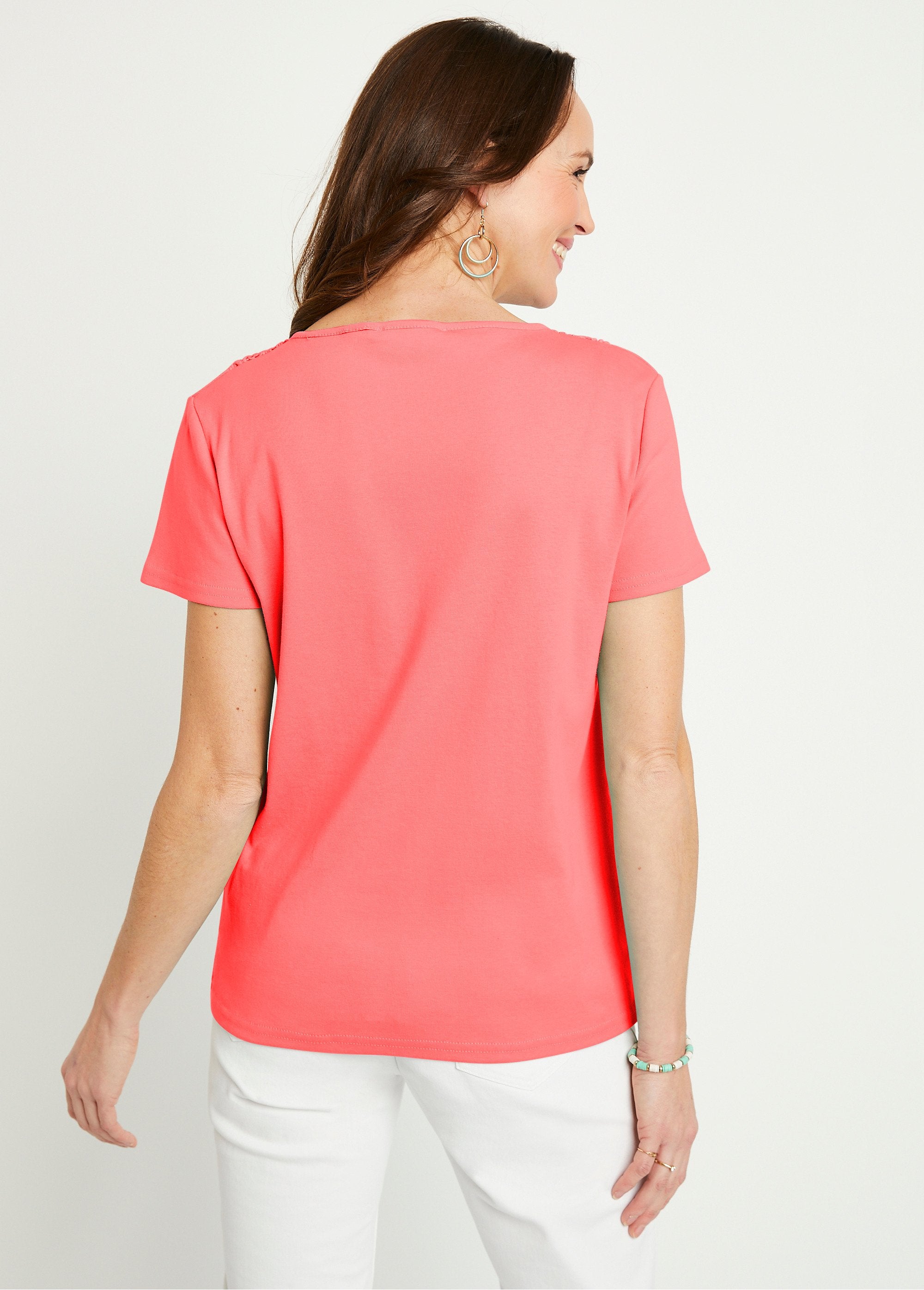 T-shirt_macramé_coton_uni_manches_courtes_Corail_DO1_slim