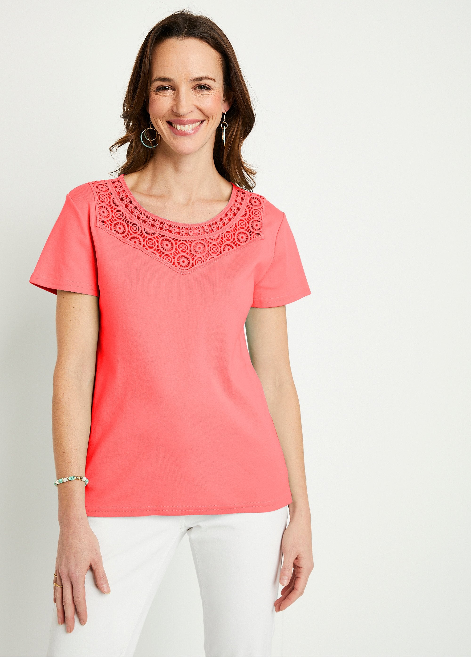 T-shirt_macramé_coton_uni_manches_courtes_Corail_FA1_slim