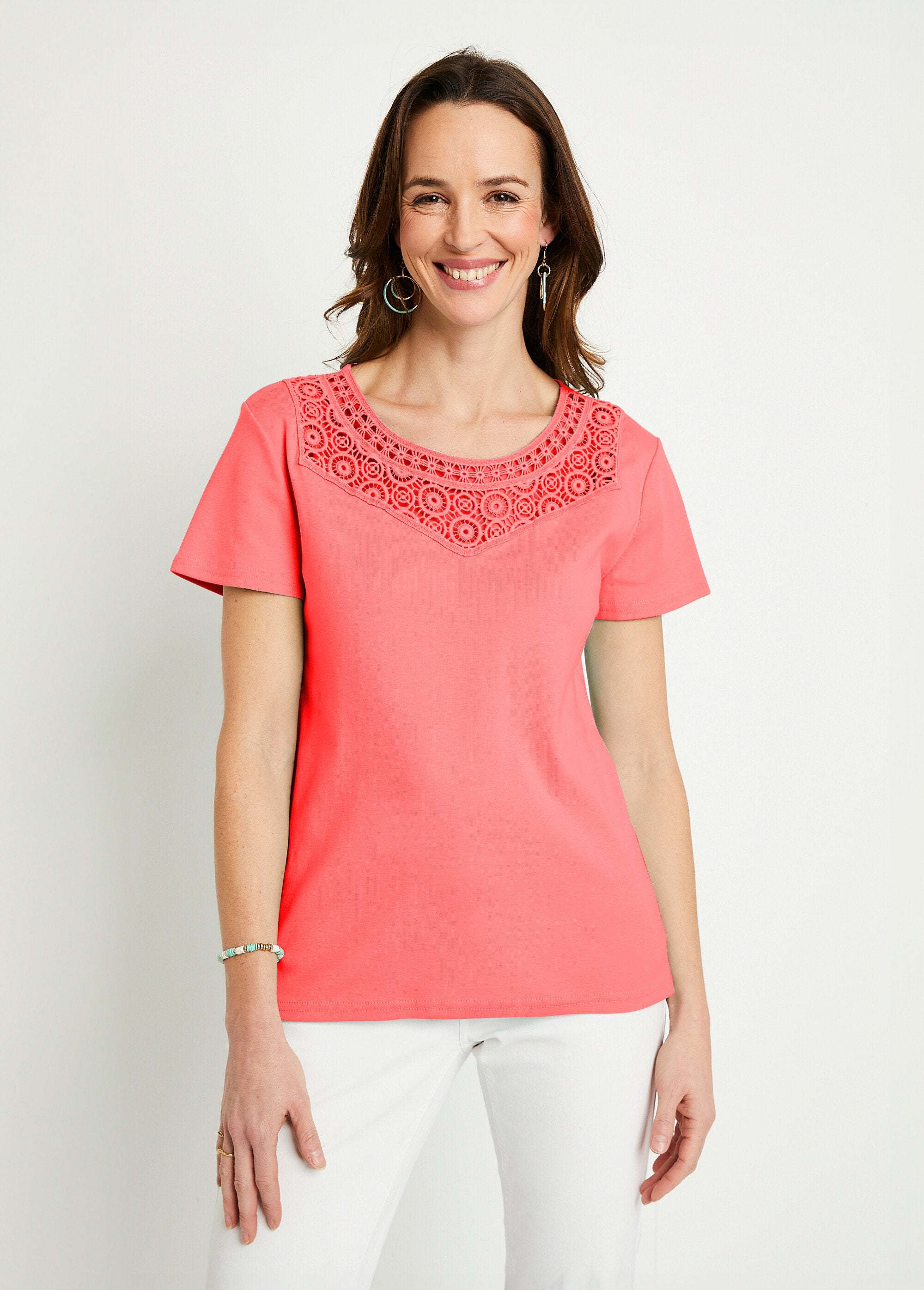 T-shirt_macramé_coton_uni_manches_courtes_Corail_FA1_slim