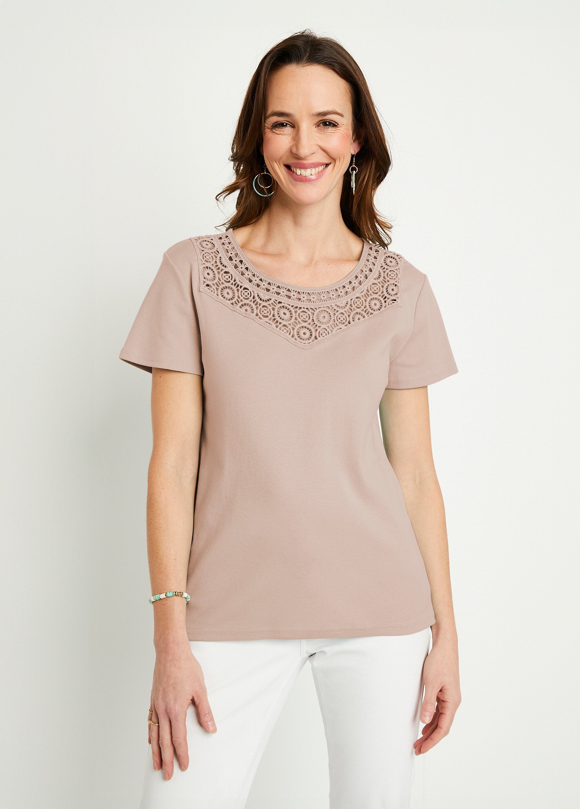 T-shirt_macramé_coton_uni_manches_courtes_Beige_FA1_slim